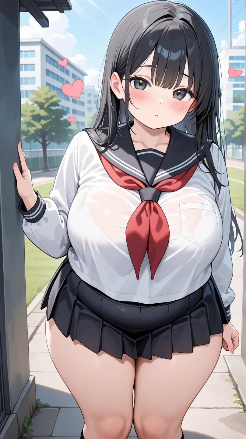 (masterpiece), (1 serious public discipline chairman: 1.3), (super thick and plump body: 1.3), (huge breasts and butt)), (small head: 1.2), (extremely small uniform)), (shiny skin: 1.2), (speech while crouching on the schoolyard morning stand))