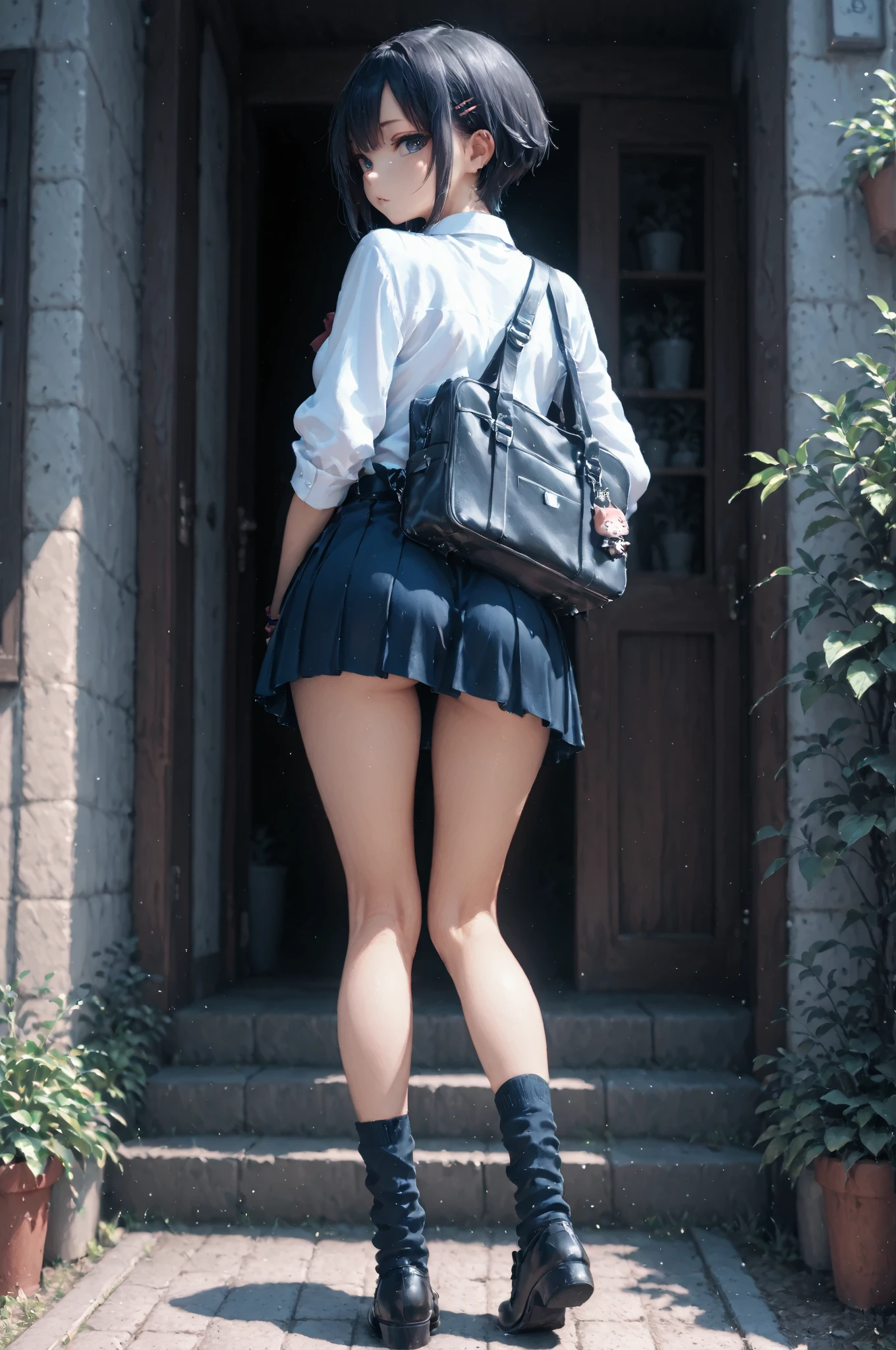 ((Correct Anatomy)),(Detailed image quality),(Female student)、((school uniform))、((Sailor suit))、(Mini Pleated Skirt),(((Black Stockings))),((School Uniform)),((standing)),Ultra-high resolution,Mature Woman, Mature Woman, Very detailed,Sunburned skin,Brown Skin,((Beautiful legs)), (Big Breasts),((Beautiful feet)),Perfect hands, Detailed fingers, Beautiful details, ((Long, long hair)),((ponytail)),Black Choker, Earrings,loafers,Perfect Eyes, Captivating eyes,(School stairs)