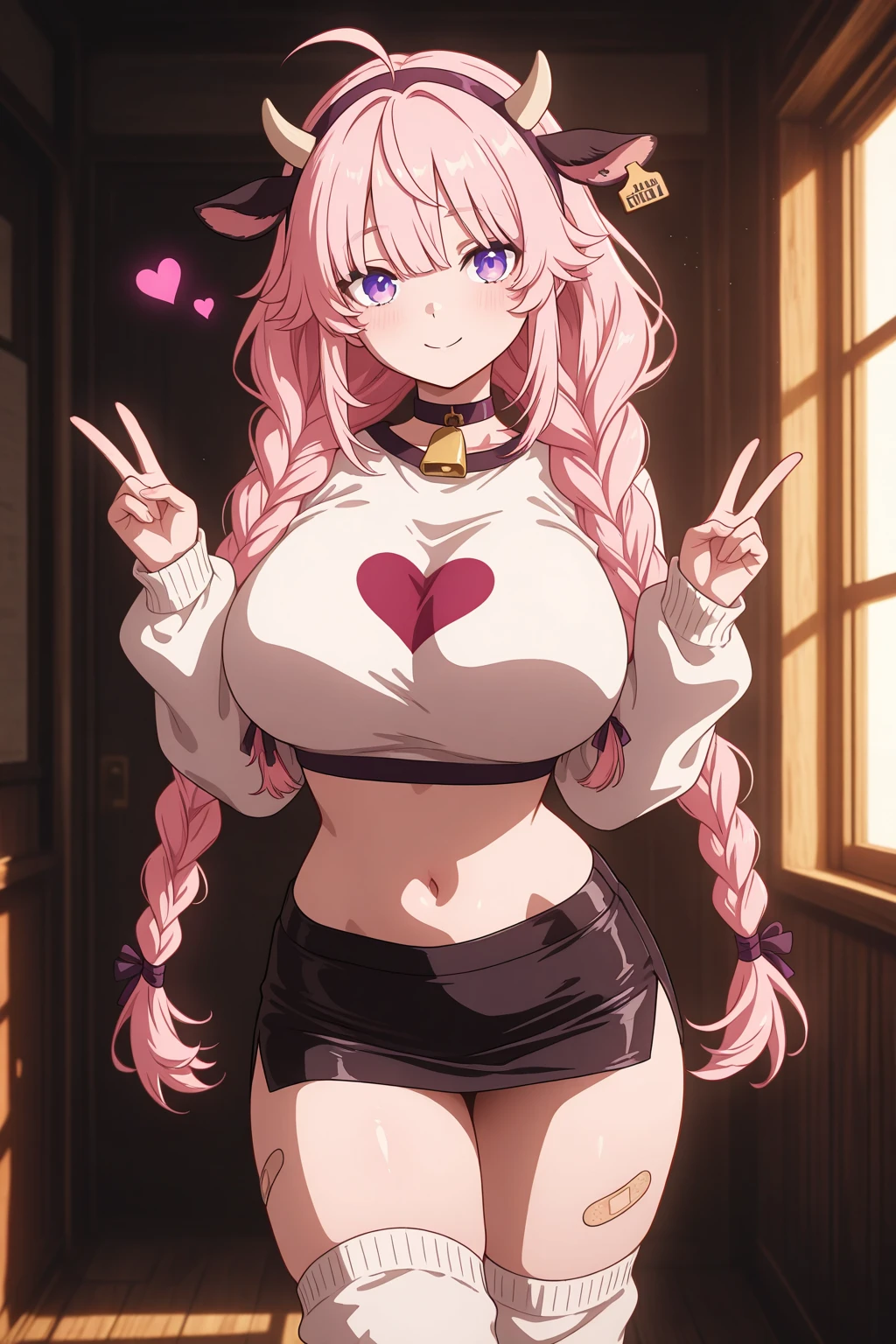 ((((1girl)))), pink hair, ahoge, (curly hair), ((very long hair)), ((half-closed eyes)), bear ears, (((fang))), ((((((dark skin)))))), ((huge breasts)), ((brown eyes)), (thick thighs), ((thick lips)), ((wide hips)), (thighhighs), ((lace)), ((crop-top)), ((leg warmers)), ((plump lips)), ((long eyelashes)), super detailed, ((cleavage)), ((best quality)), highres, UHD, textured skin,