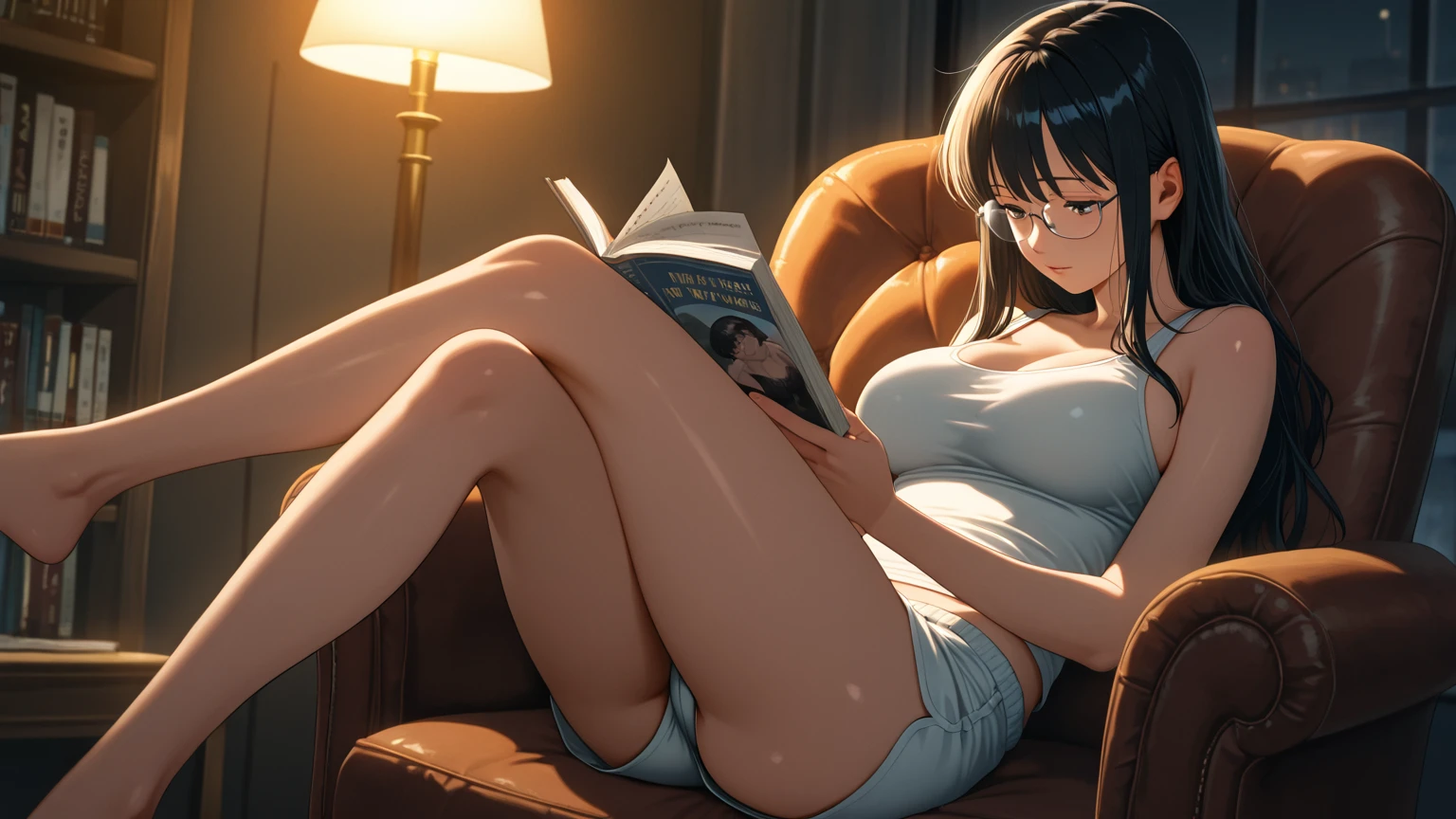 NSFW, (Official art、Best Quality、Unity 8k Wallpapers、32K、masterpiece、ultra-detailliert、super high resolution、realisitic、Photorealsitic:1.2)、(natural soft light:1.2)、Fireglow effect、film grains、Best Shadows、side lights、sideshot、(Ultra-detailed and complex 3D rendering)、Detailed beautiful face and eyes、Sharp pupils、Realistic pupiliddlebreasts、Smile、sitting on desk, on desk, Sit on a desk, Sitting on a desk,bent at the knees、Opening legs、open one's legs、A sexy、Ultra-slim thong bikini swimsuit, In the office, glasses, embarrassed from, cleavage of the breast、A sexy、