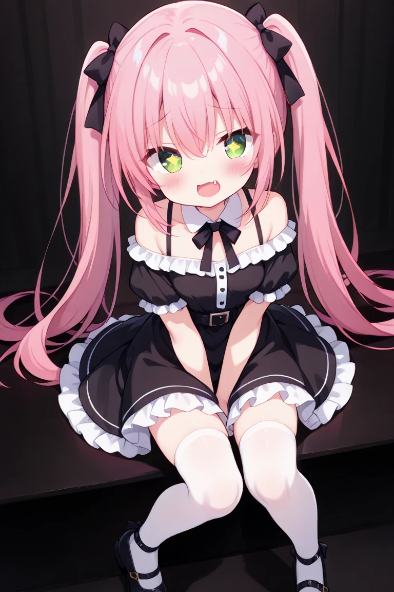 Girl with pink hair, long twin-tail hairstyle, ((small pink bushy eyebrows)), dressed in gothic lolita clothing, lolicon (Zankuro) drawing style by zankuro artist, Zancro style, image uploaded to R34, flirty smile, in restaurant, lifting her dress to show her wide and naked hips, underwear in her hands, ((with a question expression ))