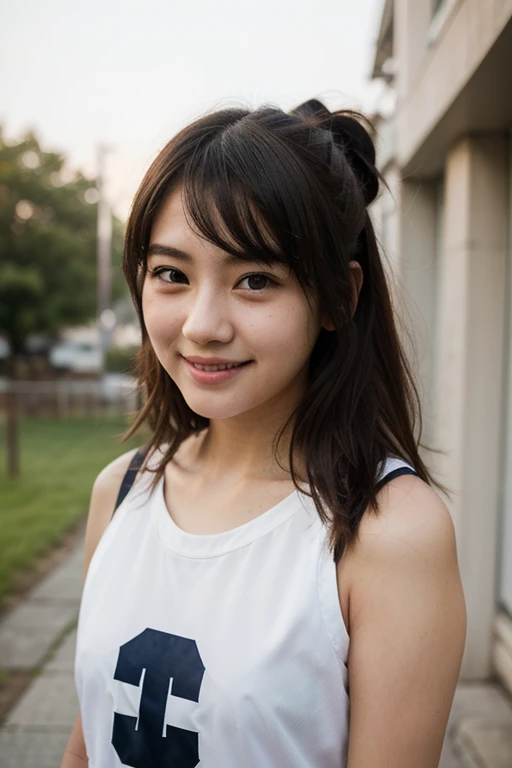 (Beautiful 16 year old Japanese woman), cute face, (deeply carved face:0.7), (freckles:0.6), dramatic lighting, shy, pony tail, (smile), (sparkling eyes), slender, Athletics, white tank top