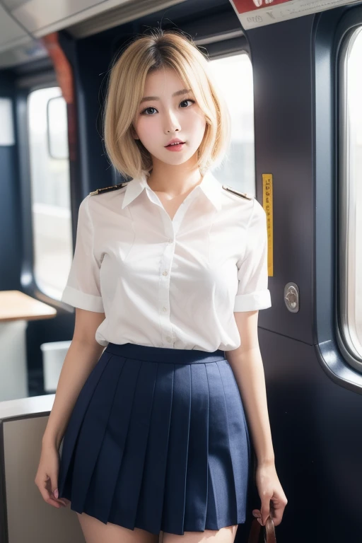 highest quality、masterpiece、High school girl、((1 girl))、((She is sitting on a train chair with her legs wide open))、((Photographed from the front))、(((The skirt is rolling up)))、(((White and blue striped panties are visible)))、((Blonde short bob hair))、Asymmetrical bangs、((White blouse))、(Red ribbon tie)、((Checkered micro mini pleated skirt))、(Thin thighs)、Watching the audience、A happy-looking smile