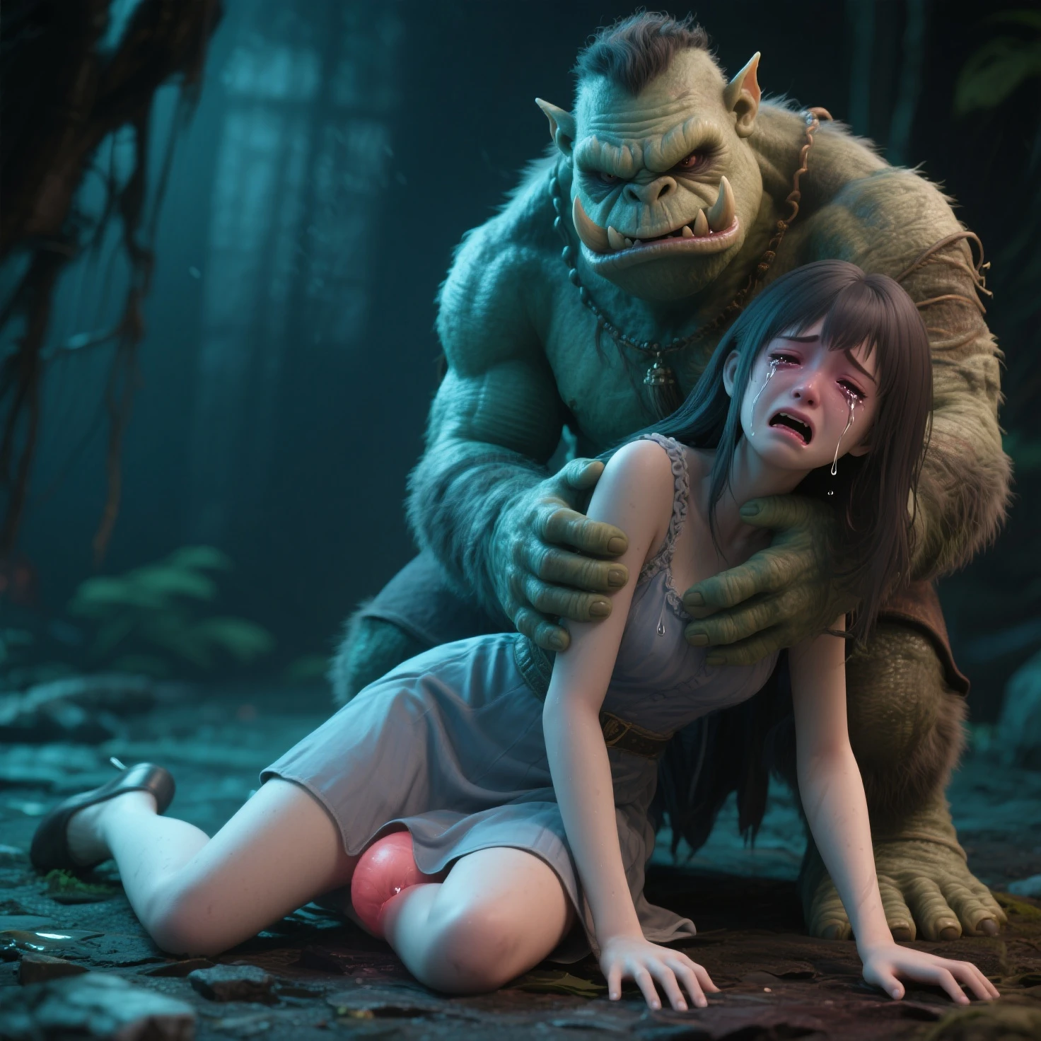 Tatiana Maslany, long curly brown hair, nude, perfect tits, ?????? blowjob, looking to the espectator, ?????? to sucking a penes, ?????? to suck a dick,with a zombie, ?????? face, angry ????, in a castle, at night