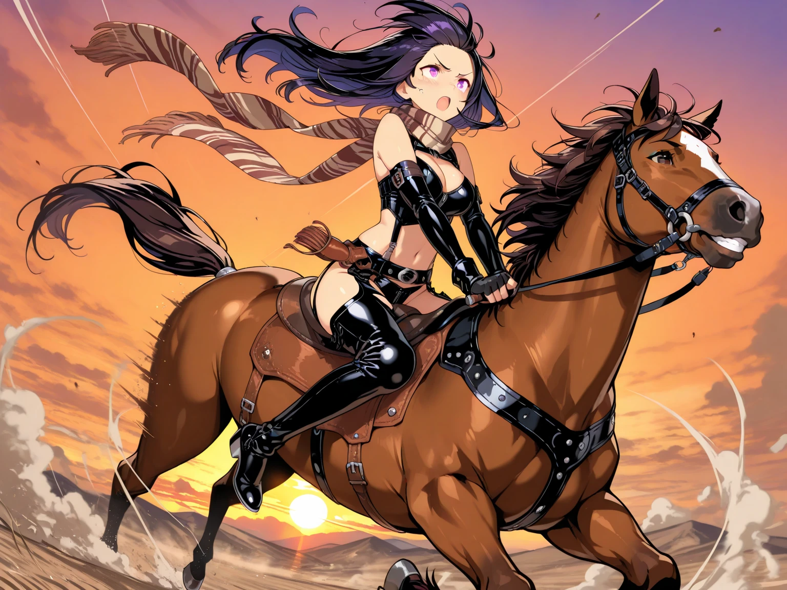 ((best quality)), ((anime masterpiece)), (detailed), cinematic lighting, vivid color, 8k, perfect face, medium breast, a female knight riding a walking black horse on desert, (medium hair, hair, above shoulder,{green hair}, green armor, blue miniskirt, blue boots, sweating face), (black horse {black hair}, saddle, stirups, reins: 1.5)++, heat, scenery, from side: 1.5, perfect anatomically: 1.2,