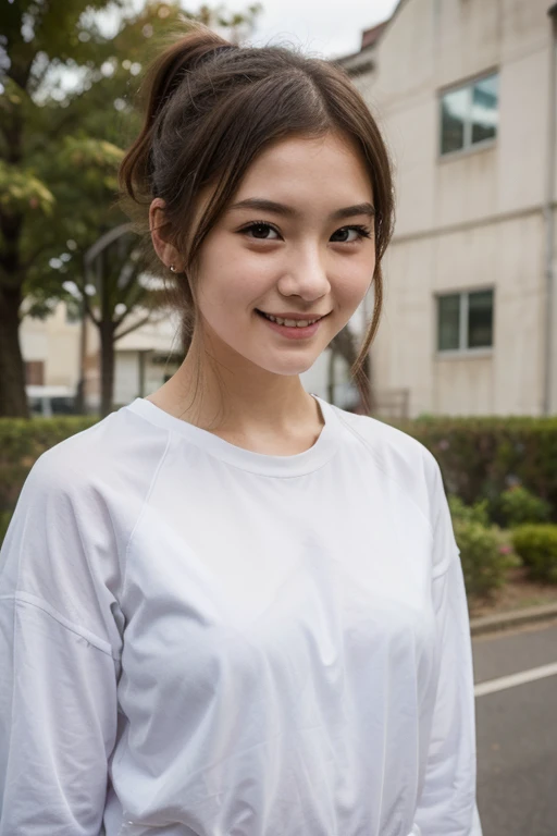 highest quality, masterpiece, Ultra-high resolution,8k, (Realistic:1.6), (Facing portraits) RAW Photos, 1 girl,(I'm showing my teeth and smiling)), 22 years old,((Beautiful feet)),((Miniskirt Uniform)),((short hair)),((Wear a bandana on your head)),((From above:1.4)),Face Focus:1.4,((Simple solid color background)), Image Media Chest)),((Smiling with teeth showing)),