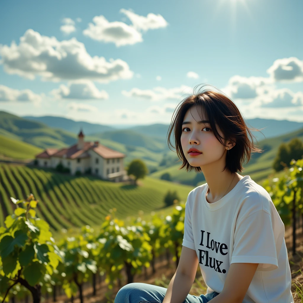 k Best picture quality, Beautiful 36-year-old Korean woman, short and nice weather.  size 34 inches, Dense fog at dawn in the Italian countryside, past the vineyard, The cathedral can be seen in the fog on a hill in the distance., The back background is realistic and vivid image quality, Short and medium hair blowing in the wind, Wear comfortable travel clothes, Casual pants and cardigan., a faint smile. the background is clear, Short and slim Korean woman, stand far away, Photo taken with a wide-angle lens