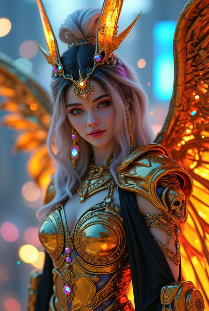 (Best quality),(masterpiece),(ultra detailed),(high detailed),(extremely detailed),redhead girl wearing gold jewelry, angel dress, magical, angeline, handsome, symmetrical, seen through rotten skin, clear clean face, glowing eyes, smoke and flames, blonde hair, long hair, full body, firey fire and brimstone themed, intricate details, hyperrealistic, octane render, very colorful, hypermaximalist, beautiful, elegant, cyberpunk, dramatic lighting, highly detailed, epic composition, golden ratio, CryEngine render, 8k