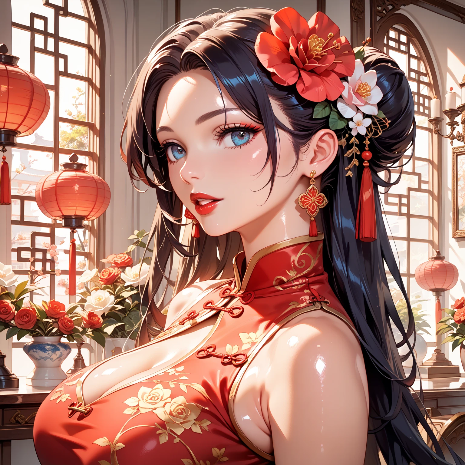 1girl, 独奏, long hair, black hair, hair ornament, dress, bare shoulders, jewelry, collarbone, upper body, flower, earrings, indoors, hair flower, black eyes, lips, red dress, realistic, red lips,(Best of quality at best,4K,8K,high resolution,tmasterpiece:1.2),Extremely detailed,(current,currentally,currentally:1.37),Perfect of female gender body,Slim waist,Detail fingers,Slender legs,frown,Face red,Tension,Gender,Beauty of_Face, Photos of Fabao Deshi, tmasterpiece, RAW photos, Studio light, Best of quality, (Detailed Faces, Refined skin texture, Extremely detailed),current,(8K, RAW photo, Best of quality, masterpiece:1.2), (photocurrent, current:1.4), (200mm Sigma f/1.2 Zeiss lenses, f1.2, 1/200s, ISO 100, photograpy:1.4), (professional Lighting, Light, soft Lighting, Bright:1.2), Exquisite, Extremely detailed, Beauty of, extremely detailed eyes and Face,,depth_of_Place,Sports_Blur of,bokeh,photo_(Medium),photo_background,photocurrent, floral pattern, Bright skin, Fascinating Light, decorate, Natural Light, shallow depth of Place, Romantic environment, Dreamy soft tones, Peculiar details, Photographed in,