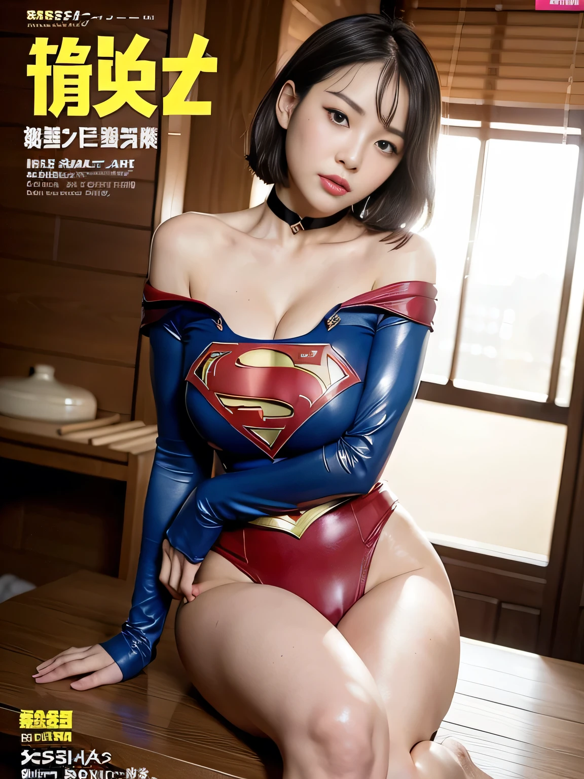 masterpiece、Supergirl Costume、short hair、barefoot、Big and ample breasts、Crisis situation、Complete surrender、Rough prison、Abused、Kneel、shiny sweaty skin、looking at the camera、Rusty Cage、choker、Long sleeve、Sexy poses to seduce、Poor environment、Humiliating、Off the shoulder、latex、Weekly magazine cover style、