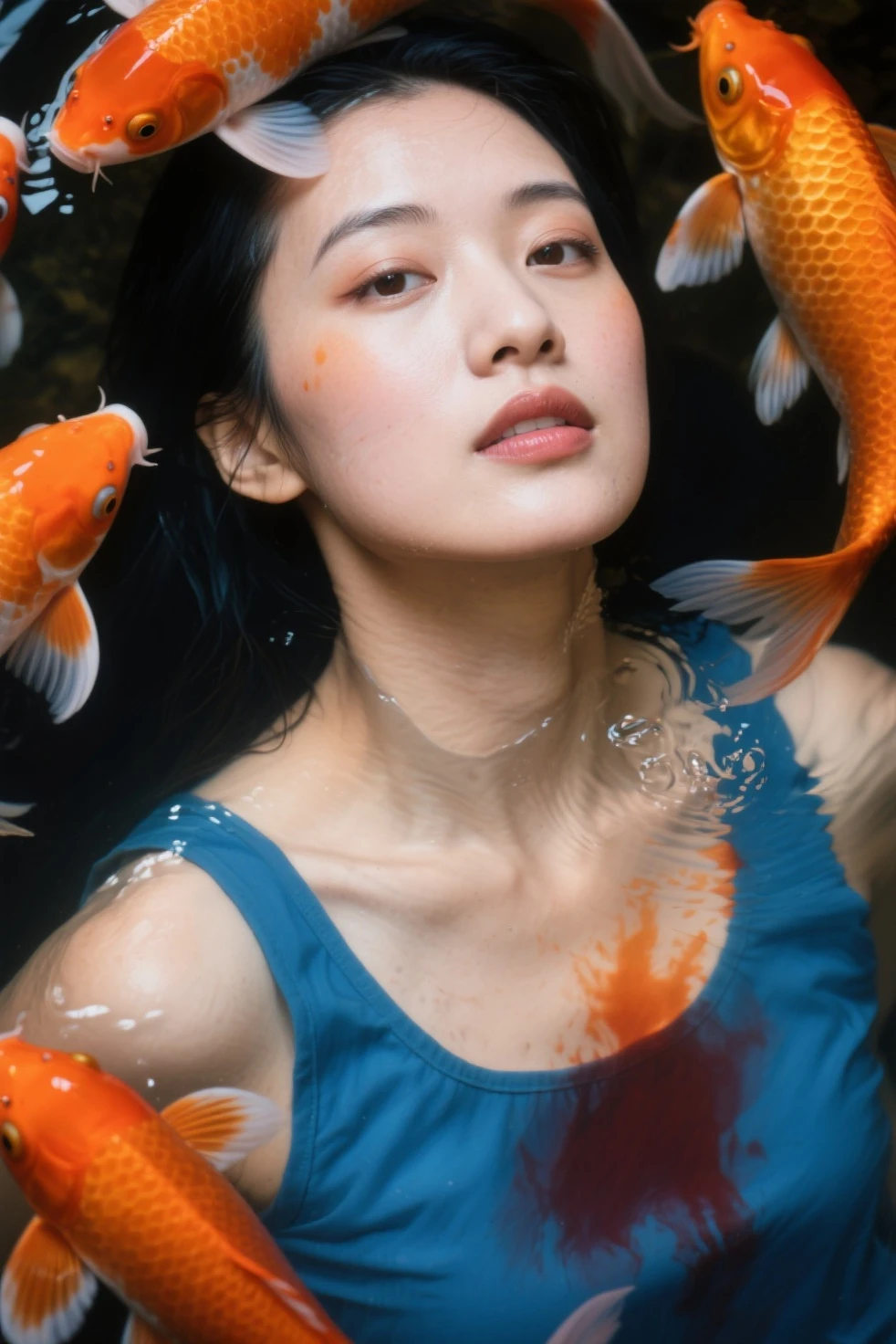 score_9, score_8_up, score_7_up, score_6_up, score_5_up, score_4_up, hand,
(swimming:1.5), wet dress, flowing dress, underwater, sideways, fish, plants, kissing fish, koi fish, golden scales, holding fish, lying,
water, clear water, source_photo, realistic, dawn,43stl1ght1ng, low light, dramatic lighting, darkness, eye lighting, spotlight,
full body, wide shot,
1girl, pale skin, Black hair, single braid, dark blue eyes, flower tattoos on arms, pubic hair, three point braid,
<lora:glowneon_xl_v1:0.8> <lora:43stl1ght1ngXLP2:0.6>, volumetric lighting, depth of field, cinematic