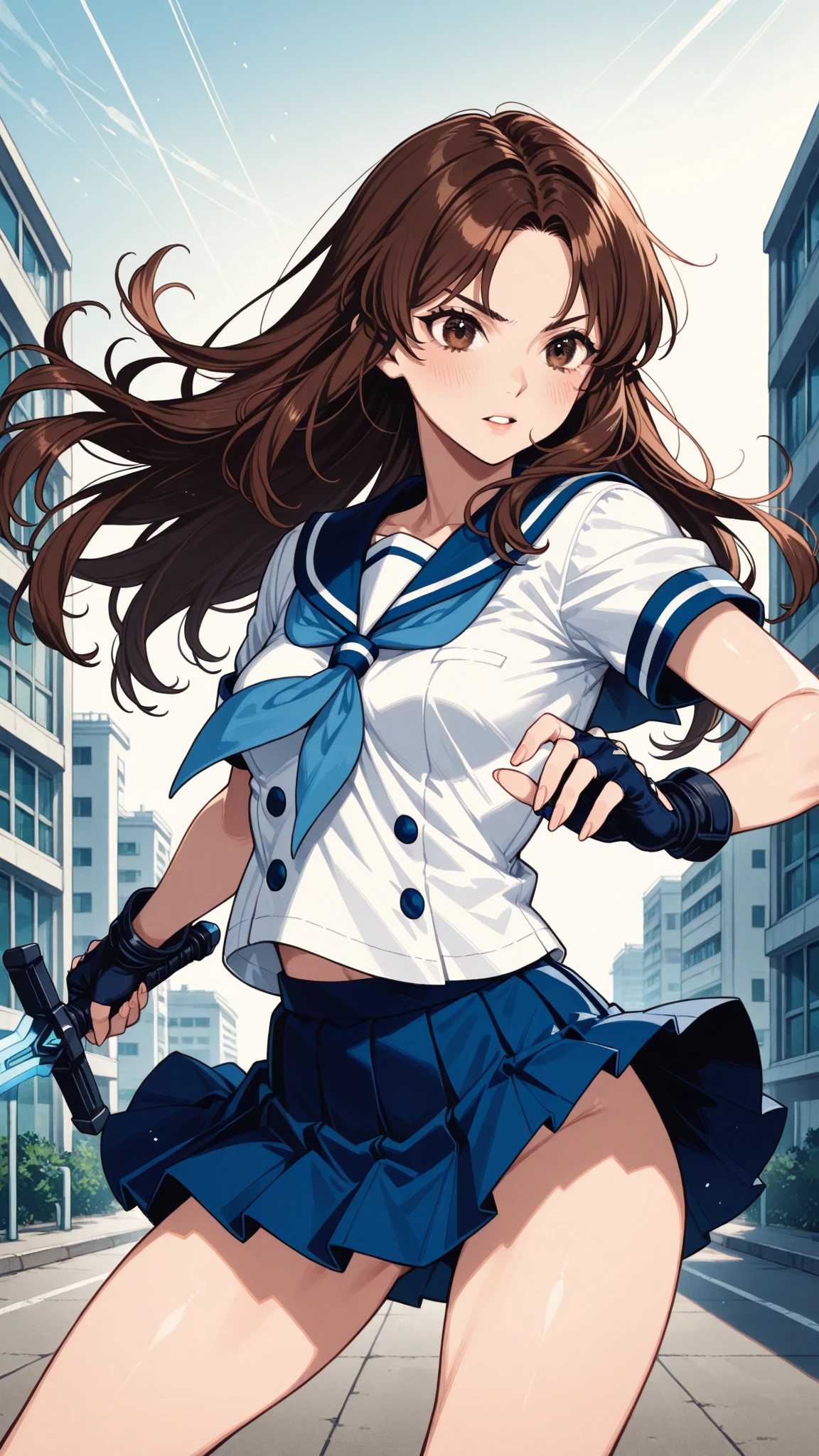 (((Pixel Perfect, Perfect in every detail))),, Lens flare, Depth of written boundary, (close:1.3), (Wide Shot, Fisheye Lens:0.85), Face Focus, One girl, Are standing, Medium brown hair, ponytail, hair band, blue eyes, Severe, high school girl, Pleated skirt, mini skirt, (Use weapons, ライフルgunを使用する, Targeting, Target:1.2), gun, h&HK416, carbine, fire, Firing, sunny, blue sky, Cloudy, city, street, ((Only 5 fingers))、Camel Toe、Giant tit、Nipple Puffs、Cleavage、Plump、Super big breasts、Super big butt