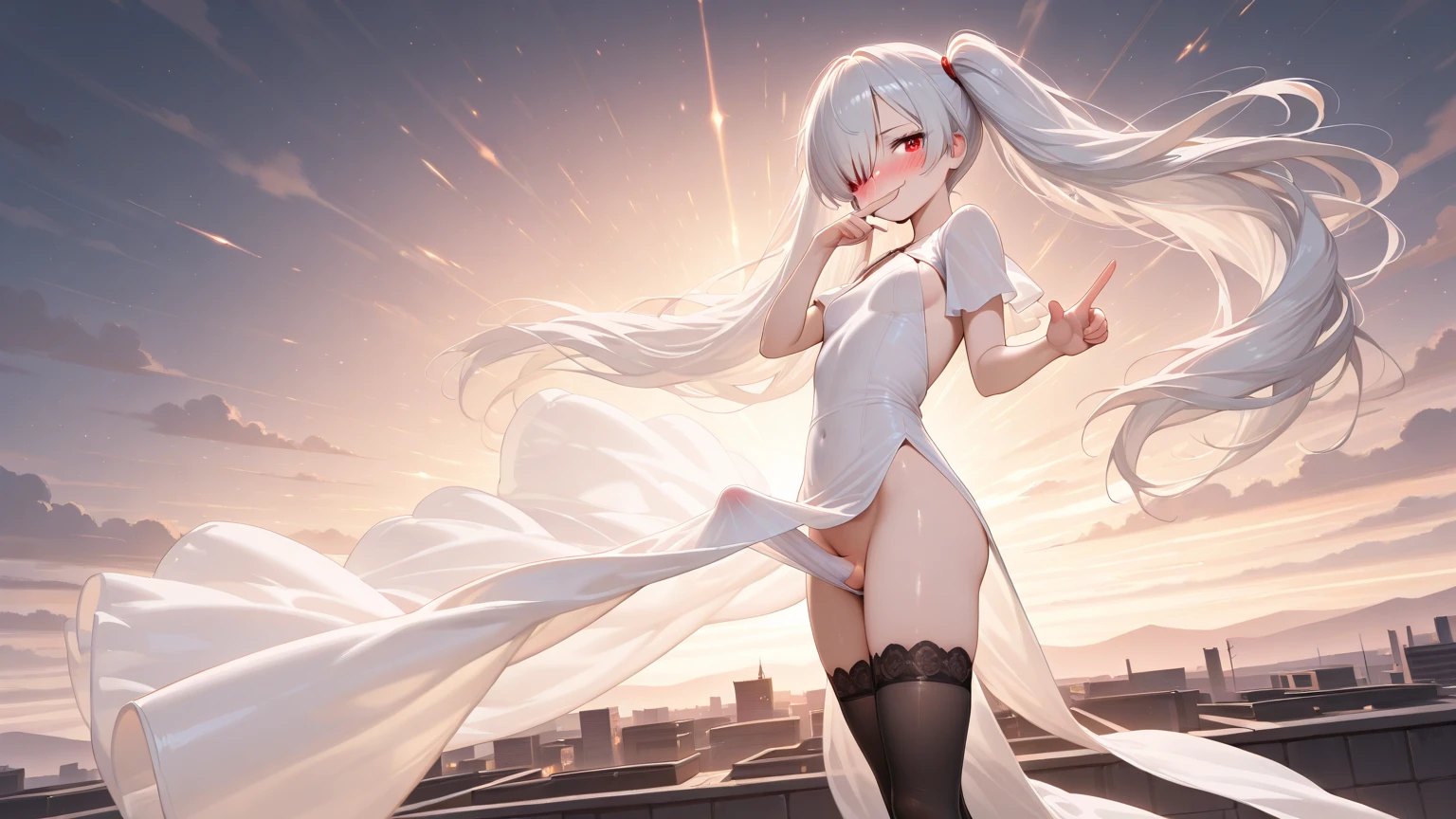 cute, girl, white hair, ponytail, seductive smile, naked, angel, halo, angel wings, succubus, whore, slut, sexy, hot, skinny, halo, halo, halo, flying, levitating, large breasts, clouds, flying, standing on clouds, sky, birds, pigeons, vagina, pussy,