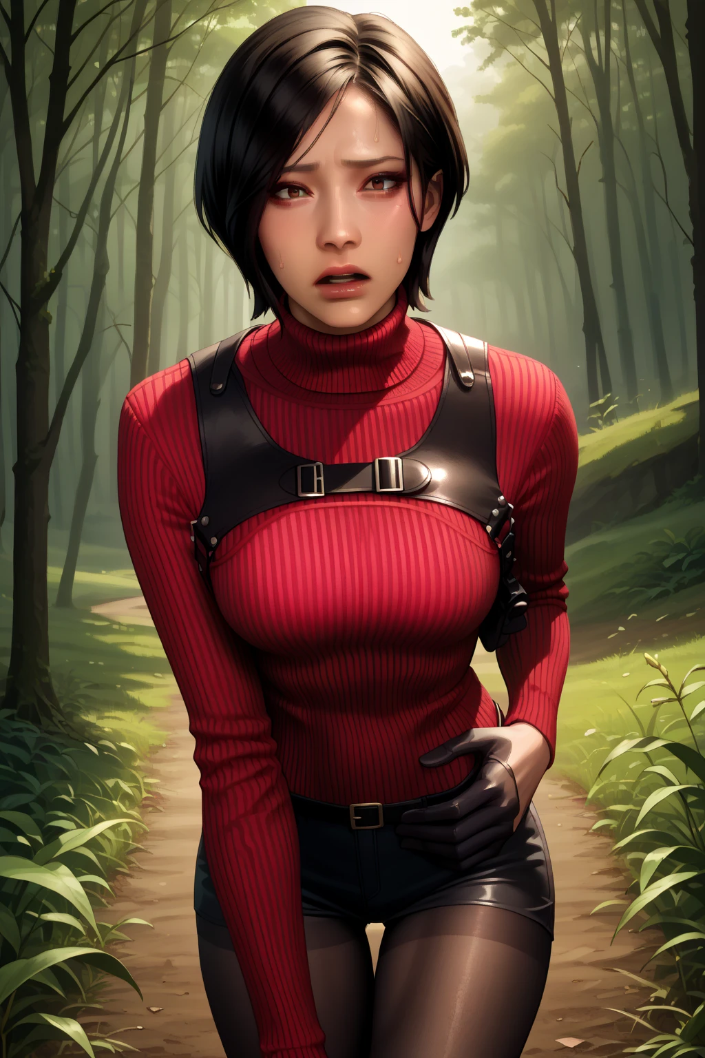 (masterpiece, highest quality:1.2, 8k, Ultra-high resolution), RAW Photos, Professional Lighting, cinematic Lighting, realistic photograph, 1 girl, solo, alone, realistic portrait of Ada Wong, (black, short hair style), (ultra slim waist, perfect slim model body style), (red sweater:1.1, turtleneck, torn short one pice style sweater, harness, fingerless gloves, gun belt, sexy torn pantyhose, sexy torn stockings, boots), (big eyes, Ultra-realistic double eyelids, Ultra-detailed double eyelids), ((((ultra huge breasts, ultra huge cleavages, ultra huge tits, ultra huge boob)))), detailed face, detailed eyes, fine eyes, perfect eyes, ultra realistic & ultra detailed skin texture, (((fogs, mist, dust, deep forest, dead trees, grasses, night, spooky & dark atmosphere))), cowboy shot, (nsfw:1.5, torn short dress sweater:1.85), sitting, (spreading legs to viewer widely:1.5, upskirt, string panties), directly front view,