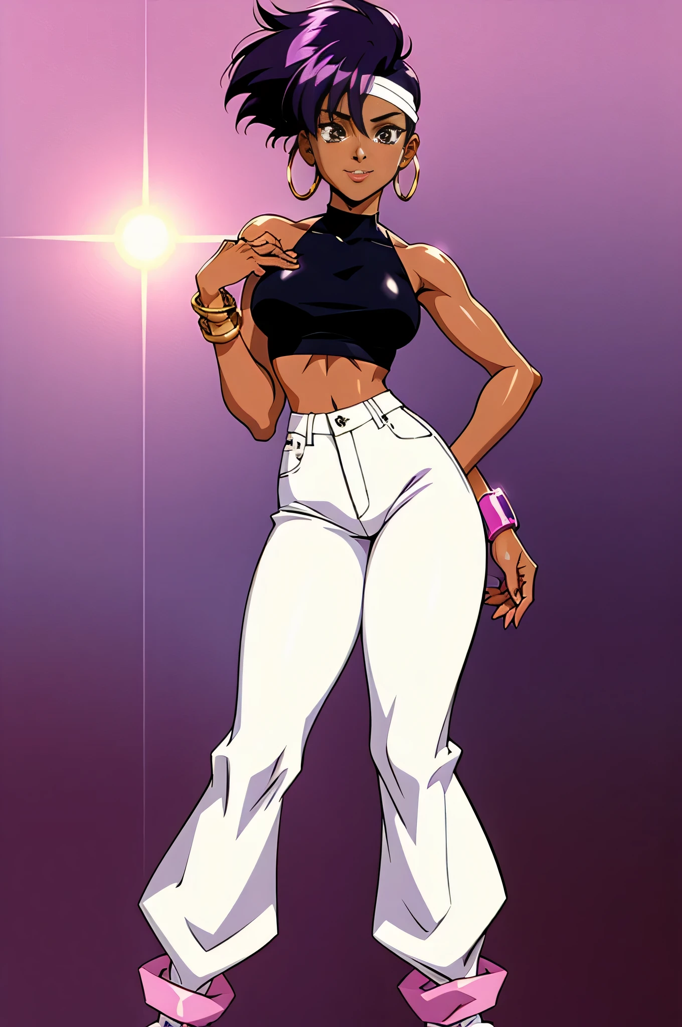 one woman, full body, black woman from an 90s anime, 90s anime fog, static like from an 90s anime, 1990s \(style\), short afro hair, black afro, curly black hair, serious smile, mouth closed, mysterious, brown skin, action anime, bandana headband, round sunglasses, disco outfit, white loose flare pants, white pants, white halter top, cleavage, disco girl outfit, african woman, dark skin, gold bracelets, hoop earrings,