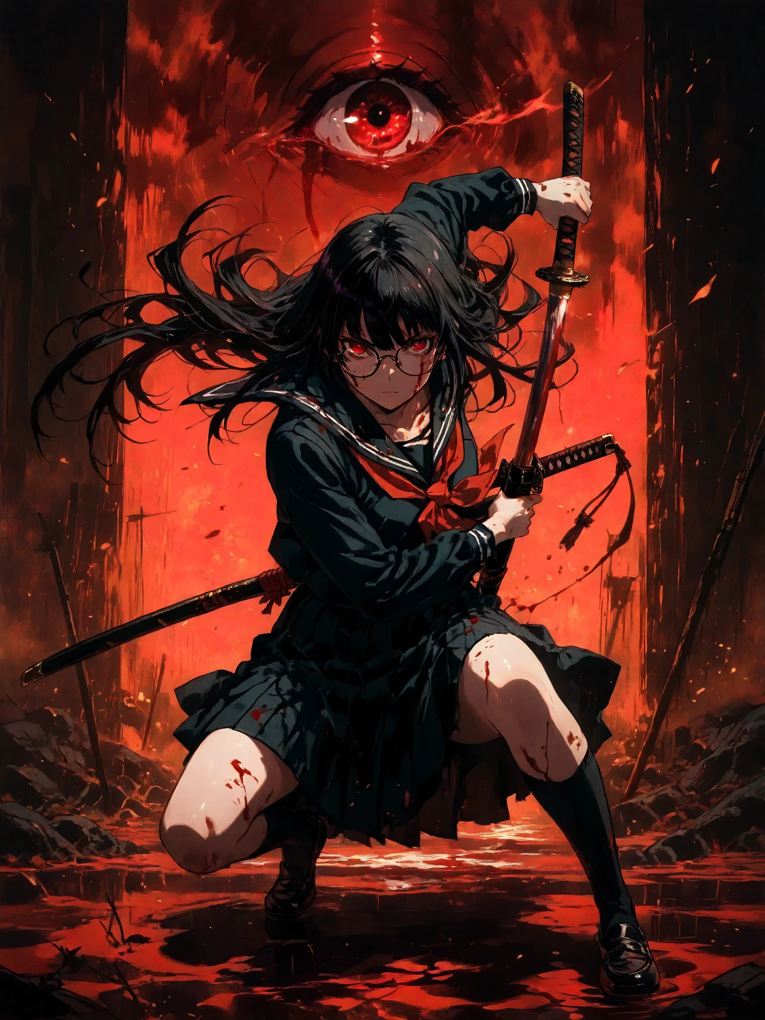 DFOP-V2.0, oil painting,,eye_focus,score_9,score_8_up ,score_7_up ,score_6_up ,Perfect Anatomy:1.3,highest quality,Ultra-High resolution,Highly detailed illustration,8k, XUER guangying,Detailed face, detailed eyes,
1girl , Alone,long hair,looking at viewer, Sup er Details, Beautiful High-Definition Face , skirt,black hair,red eyes,White eyeball, holdingschool uniform,weapon,pleated skirt,glasses, serafuku,socks,sword ,holding weapon,kneehighs,blood,holding sword ,squatting,katana,sheath,black  serafuku, fighting stance, detailed eyes,(Sup eQuality:1.0),