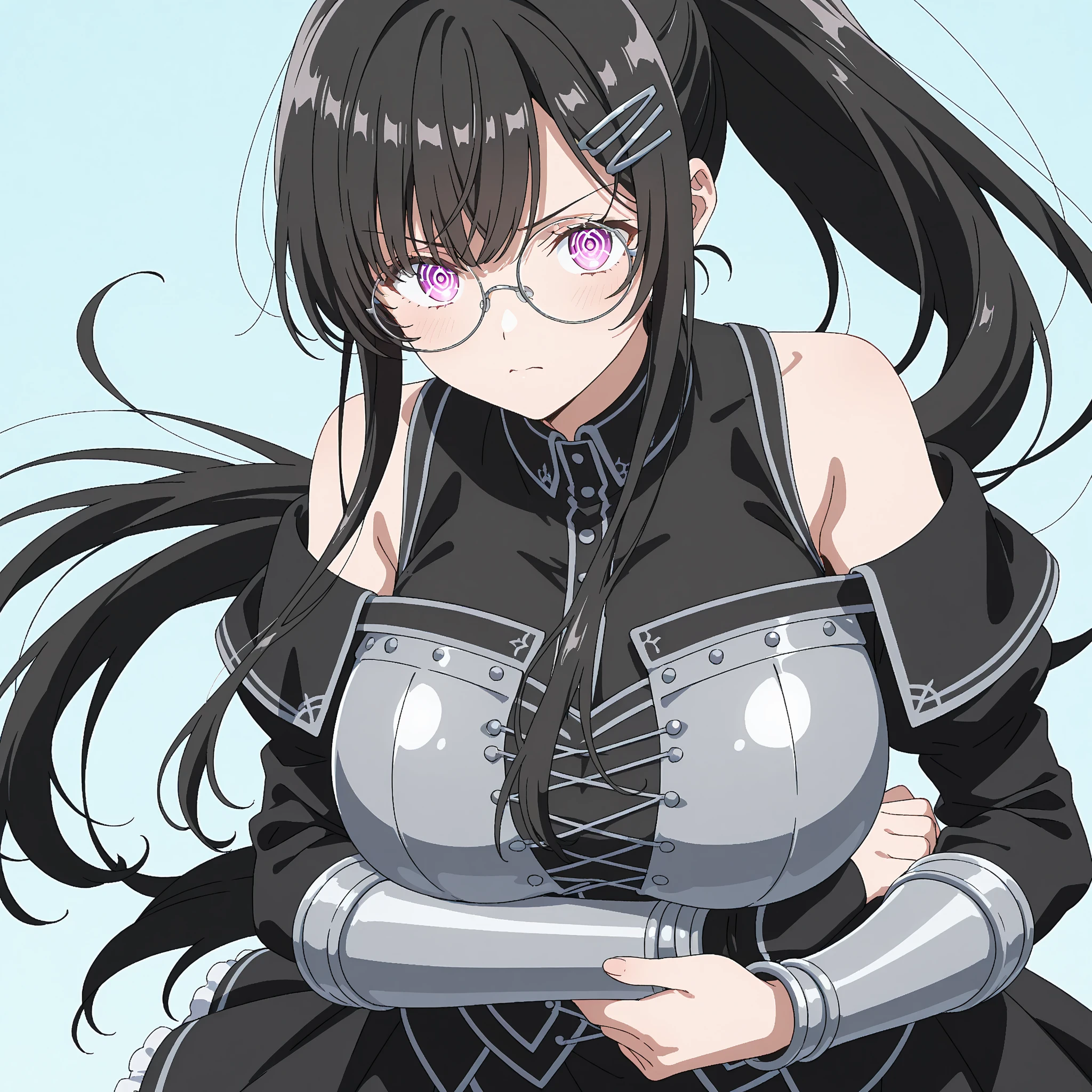 Anime girl with glasses and black top posing for photo, Seductive Anime Girl, anime moe art style, by Jin Homura, marin kitagawa fanart, an oppai cyberpunk, anime girl wearing a black dress, Smooth Anime CG Art, with glasses, a female anime character, biomechanical oppai, charming anime girls, (Anime Girl), noire