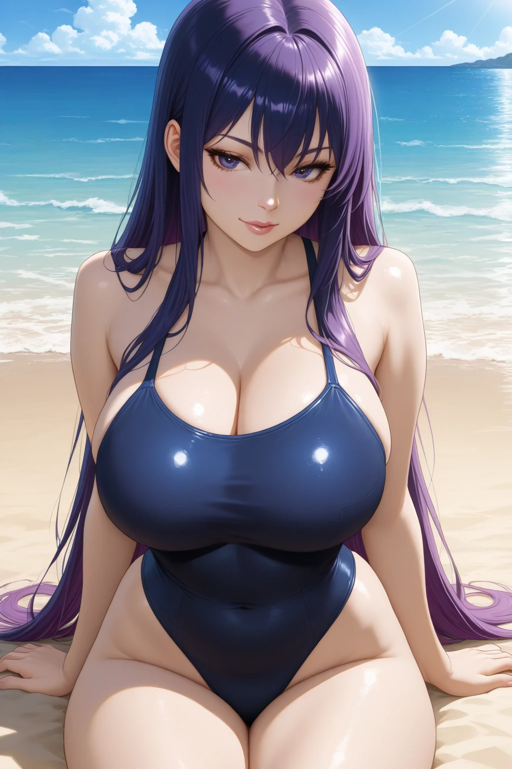 Anime girl with purple hair sitting on bench by the sea, seductive anime girls, realistic bikini, beautiful and seductive anime woman, in beach, Guviz, [ 4 K digital art ]!!, hanayamata, Anime goddess, Guviz-style artwork, Beautiful anime girl, Beautiful anime woman, on  the  beach, oppai