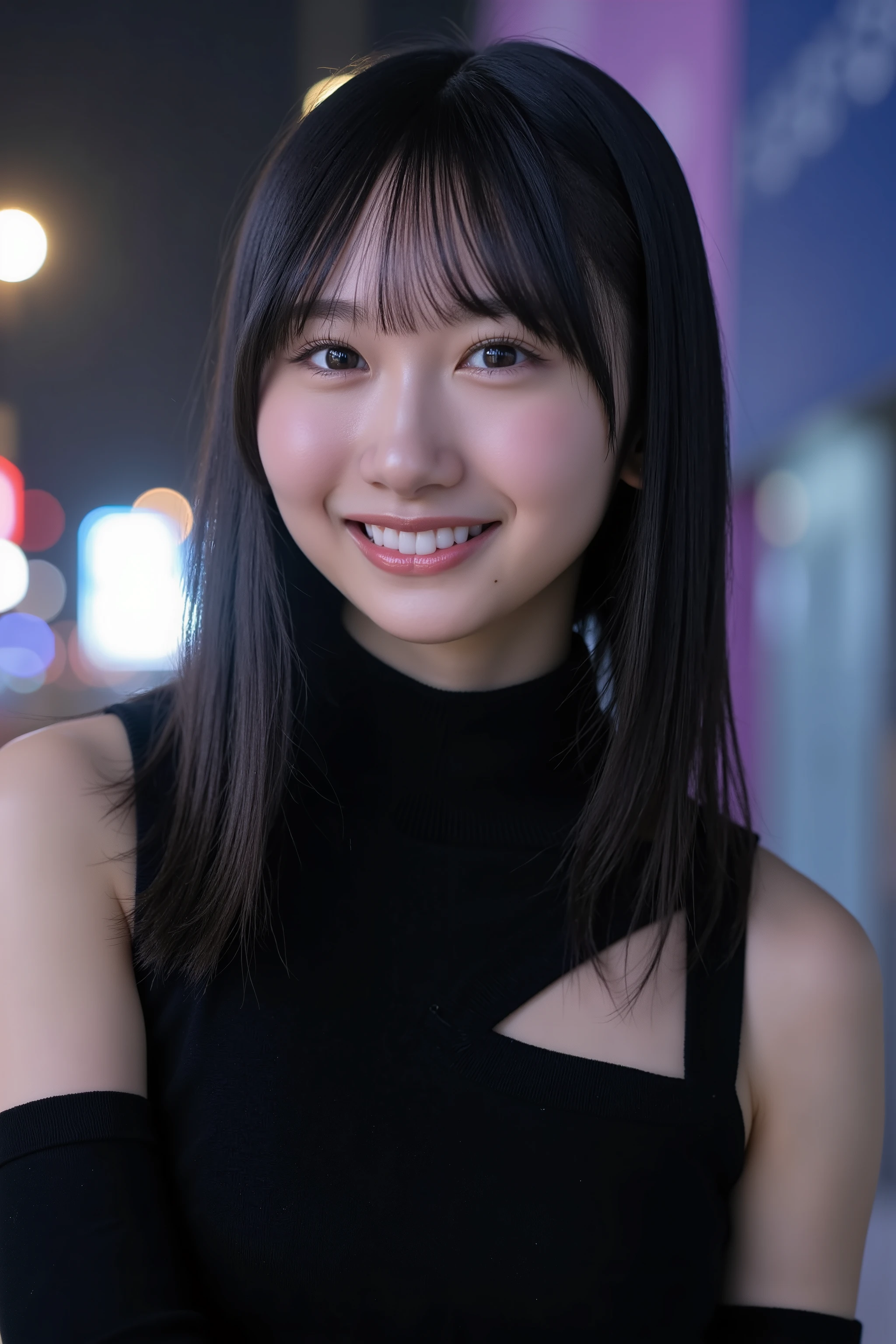 big breasts, 32k, (masterpiece:1.2, Highest quality, Ultra-high resolution, Super detailed), top quality, cute girl, fair skin, neutral expression, 
sharp focus, blurred background, looking at viewer, (Wearing a turtleneck sweater, black knit, cut out chest, sleeveless),
Healthy thighs, Healthy build, 
BREAK

1girl, (beautiful girl, delicate girl: 1.3), detailed face, 
(natural lighting), very fine grain definition, (symmetrical eyes: 1.3), Skyscrapers, night, neon, reflecting light, glass windows,
black eyes, bangs, black hair, (eye and face detail: 1.0), (focus on face: 1.0),