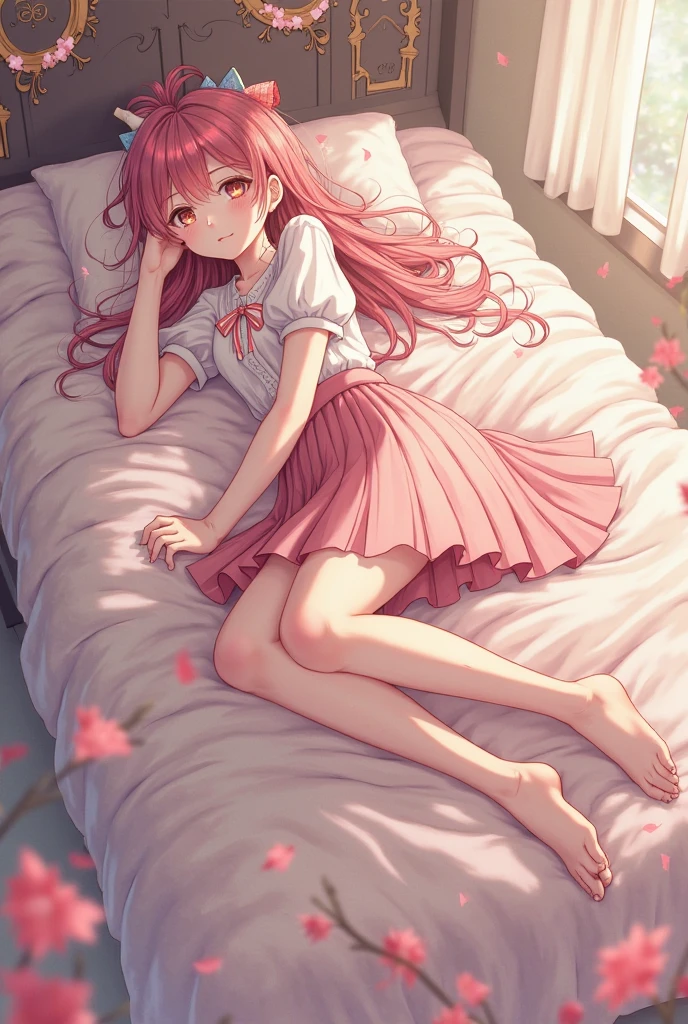 Coral pink hair，Long hair，hair over one eye，Gray eyes，feather hair ornament，cute，Girl，Plaid skirt，No shoes on your feet，White silk pantyhose，White silk pantyhose，whole body，sleep on the floor，Don't show your arms，White bed in the background，Blue sky and white clouds