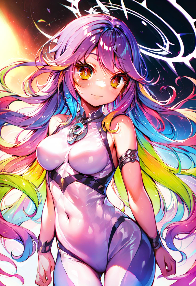 ((masterpiece、top-quality:1.5、a high chroma:1.5、ultra-detailliert、high-resolution illustrations:1.5、Ultra-high-definition CG、8k size wallpaper、offcial art))、(1girl,),(erotic cute face:1.5,cute eyes:1.5)、(clear face:1.3)、(sexy body),(),(pink erotic cyber suit:1.5,chest cut),(fluorescence multicolored hair:1.5), (large breasts:1.3)、(Plump:1.2)、
,(Glossy Eyes),()、(cowboy shot:1.5)、rainbow-colored hair、(outer space)