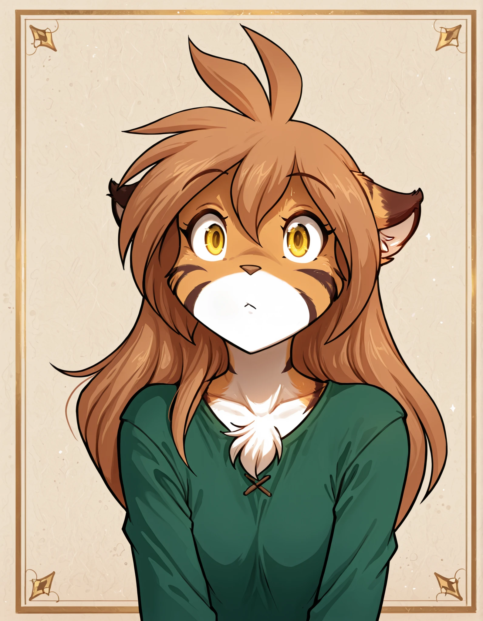 borscstyle,, masterpiece, best quality, very aesthetic, 1girl,, furry, solo, flora-twokinds, flora_twokinds,, tiger, striped fur, keidran, yellow eyes, anthro,, green shirt