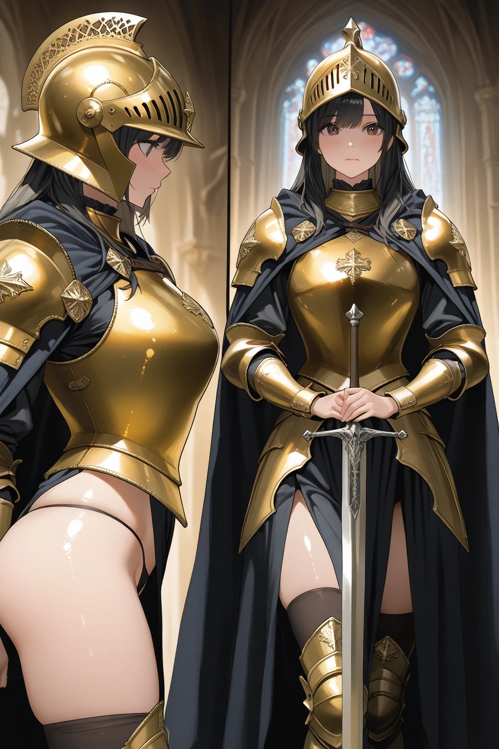 (masterpiece),(ultra-detailed), (high quality), (high resolution), (best quality:1.5, highres, UHD), highres, absurdo, ultra detail, ultra quality, (2heads:1.5), 1girl, (long hair), (an brown hair), thighs, (silver armor), female warrior, (fully armored), (medieval outfit), sword, armored chest piece, gorgeous female knight, Guild Clothes with Armor, cave, blue eyes