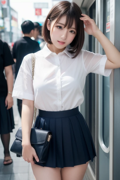 a closeup, ​masterpiece, top-quality, FULL ANATOMY、Raw foto, Photorealsitic, faces, unbelievable Ridiculous, beautiful a girl, cute little, shorth hair, White underwear、depth of fields, hight resolution, ultra-detailliert, finely detail, ighly detailed, extremely detailed eye and face, Realistic pupils, foco nítido, Cinematic lighting、flat breast、tiny chest、small tits、(Petite bust:1.2)、Petite bust、 (Slimed、small tit、flat boobs、small tit)、 Delicate and sexy collarbone、Deep chest、a 20 yo woman、Sexual facial expressions、sexy  pose、 (Panties are visible)、 Wet body、Blushing、Sweating、Very sexy see-through area small Akihabara maid wearing clothes、Very embarrassed look、The face is bright red、On the train、Large crowds、short-hair、Straight bob hair、Shorthair with bangs、A smile、Schoolgirl Uniform、Panties are visible from the skirt、Very detailed 8k wallpaper、Sheer white shirt、Navy blue ribbon at the collar、Dark blue pleated micro mini、Show me your whole body、Plump panties、White Sox、Lift the hem of the skirt、Lift the hem of the skirt to your stomach with both hands、Lift the hem of the skirt yourself,、Showing her panties to the camera、is standing、