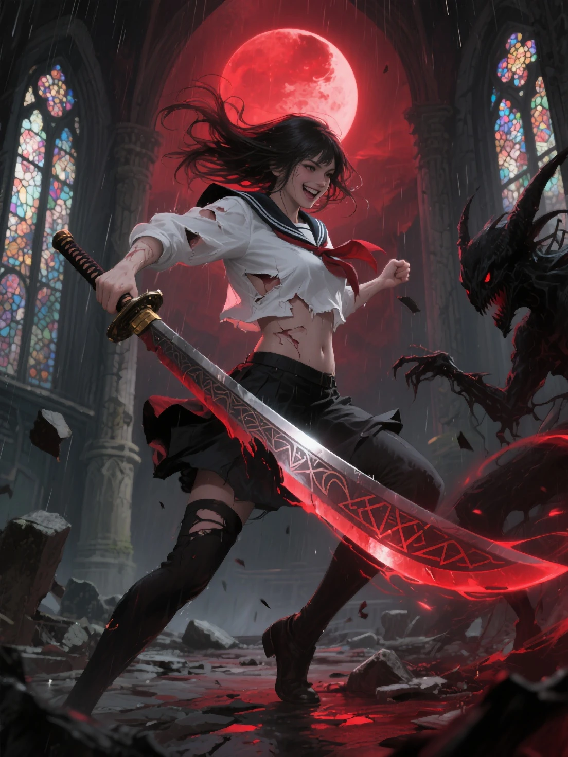 ((8K:1.4)), Impeccable, acurate, (hight resolution:1.2), (higly detailed), hiquality, (tmasterpiece:1.8), The girl pulls out her sword, (dark-skin:1.8) (injured:1.2)), ((rusty_fingernails_in_Skin)), (agony), (icy:1.2), (Camouflage top:1.2)), (long disheveled gray hair), (Red_sclera:1.2), ((Blurred flesh and blood)), (the madhatter_Smile:1.2), (Blood covers the face:1.6), There is blood all around, (blood on the clothes:1.2), ((blood vessels:1.2))), (((Internal organs:1.2))), Trauma to the oral cavity, scar, (cuts_UPON_Skin:1.2), blood on the lips, ((anatomically accurate:1.6)), Very wide open mouth, (Body horror:1.2), (Meat clothing:1.2), Features of the monster:1.2), Monster Face, (((Devil's Eyes:1.6))), (sharp teeth),The Sword of the Demon,White Backgrouni Wash Style,Red-eyed,white tshirt,black shorts