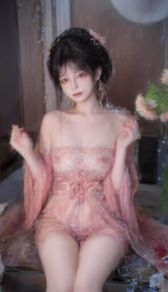 girl,solo,dress,earrings,jewelry,long hair, ancient female chinese clothes,looking at viewer , Chinese dress,brown eyes, black hair,  camisole, camisole like a pink see through cloth, revealing full thights and hip and venter, top quality, Masterpiece, Ultra High Resolution, High Definition RAW Color Photos , pro pics, natural skin texture, fine skin, hyperrealism, smiles,Earrings, , slit dress, camisole, collarless dress   