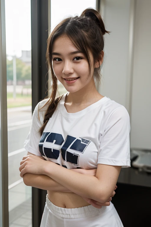 Realistic and detailed face、Unbroken face、Realistic、photograph、8ｋ、outdoor stadium、ponytail、Four cute 14-year-old cheerleader teammates with huge breasts, Young faces squat in a row.、Small tank top、Exposing breasts、Nipples are exposed、Very short mini skirt、I can see your pants、everyone does the peace sign、The whole body is visible,12 years old, Junior high school girl、Shortcuts,Please open your thighs,((((full body shot))))、(((Huge breasts:1.2)))、Japanese,(Beautiful dark-skinned Japan woman:1.2),(((Full Body View:1.2)))