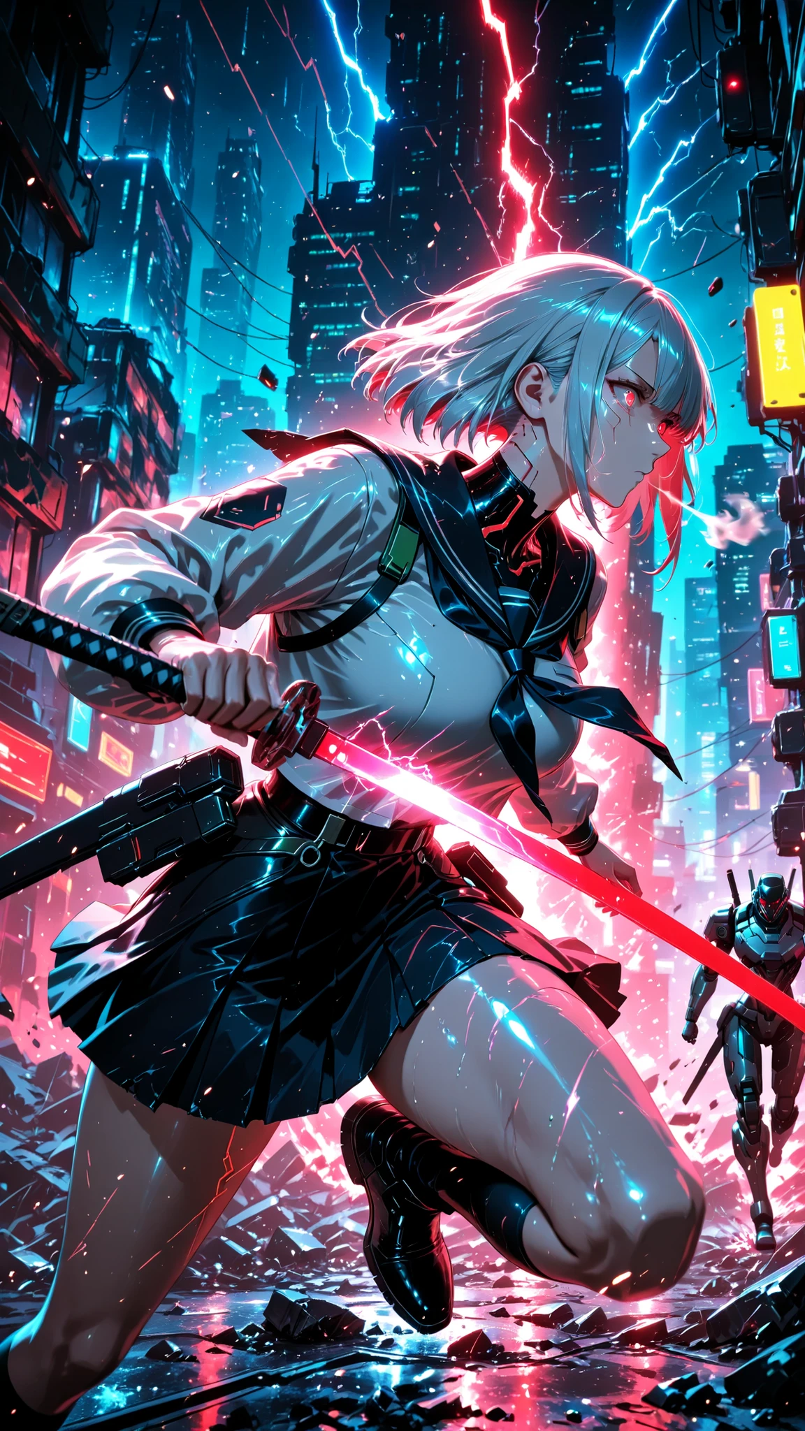 A dramatic side view of a female swordsman in the middle of an intense battle during a thunderstorm in a ruined futuristic city at night. She has long black twin-tailed hair, glowing red eyes, and wears a black sailor school uniform modified with sci-fi armor. Her glowing energy katana is held tightly, and her expression shows visible panic and urgency, with sweat running down her face. Lightning flashes in the dark stormy sky behind her, illuminating the debris and shattered buildings. Mechanical enemies lurk in the shadows. Her hair and uniform are blowing wildly in the wind. The scene is tense, emotional, and cinematic, with dynamic lighting, high detail, and cyberpunk atmosphere.