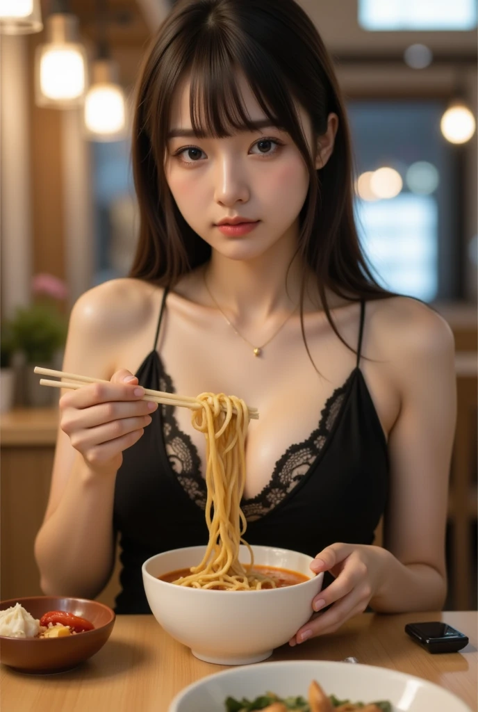 ((16K)),(masterpiece:1.3, Highest quality, Ultra-high resolution, Super detailed), (Realistic, photoRealistic:1.4), Perfect lighting, colorful, Depth of written boundary, Browsing Caution, Surrealism,Face Light,(( large breasts:1.4)),Beautiful detailed hair,((Beautiful eyelashes)), Beautifully detailed face, Beautiful fine details, Beautiful clavicle, Beautiful body, thin脚,Beautiful breasts, Beautiful feet, Beautiful Hands, Cleavage, Pointed Chest, thin, 1 girl, 23 years old,Perfect Face, Long eyelashes,Perfect Anatomy, Supermodel with a long neck,((Skinny1.3)),looking at the camera,(Perfect Anatomy,Anatomically correct, Highly detailed skin), Shiny skin,((beautiful girl:1.1)),(Mid-length hair:1.4, Wavy Hair:1.2 :Black Hair) ,((With bangs)),Dainty facial structure,((Open your mouth wide and smile:1.3)),((wearing breasts out cropped shirt:1.2)),short shorts,short shorts,((Sitting on a chair)),((Ramen in a bowl)),Eat ramen,Pick up the noodles with chopsticks,((Dinner Time)),((Delicious and delicious spicy noodles)),Plenty of fresh vegetables,((From above)),Fisheye Lens,