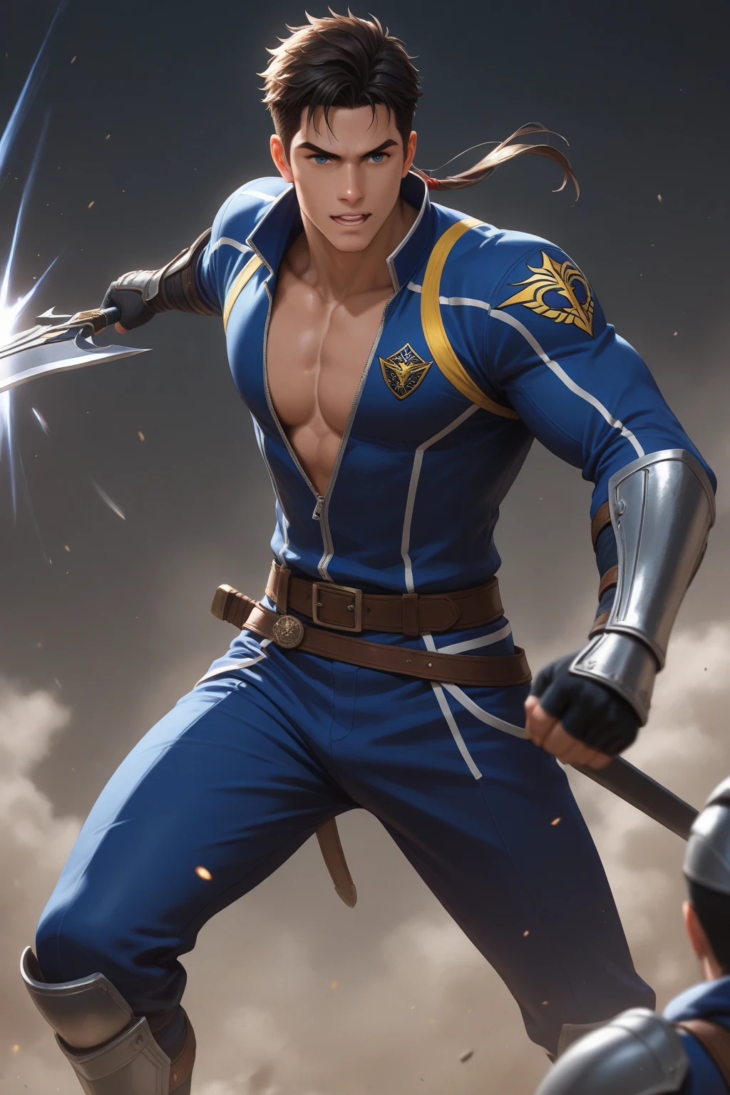 (Absurd, High Resolution, Super Detailed), Asian, 1 male, eighteen-year-old boy, handsome, tall muscular man, broad shoulders, very short hair, bottom cut, dark brown eyes, fine eyes and detailed face, extremely detailed CG Unity 8k wallpaper, intricate details, (style swirl magic: 0.7), looking at the audience, solo, (full body: 0.6), detailed background, detailed face, (European medieval fantasy theme: 1.1), hair fluttering in the wind, martial artist, Dynamic pose, fighting stance, clenched fists, fingerless gloves, wristbands, dragon-themed costume, monk robes, bamboo forest in background, swirling floating particles, dynamic composition, mysterious oriental medieval atmosphere, upper body naked, big muscles, white rubber pants, (((((crotch bulge))))