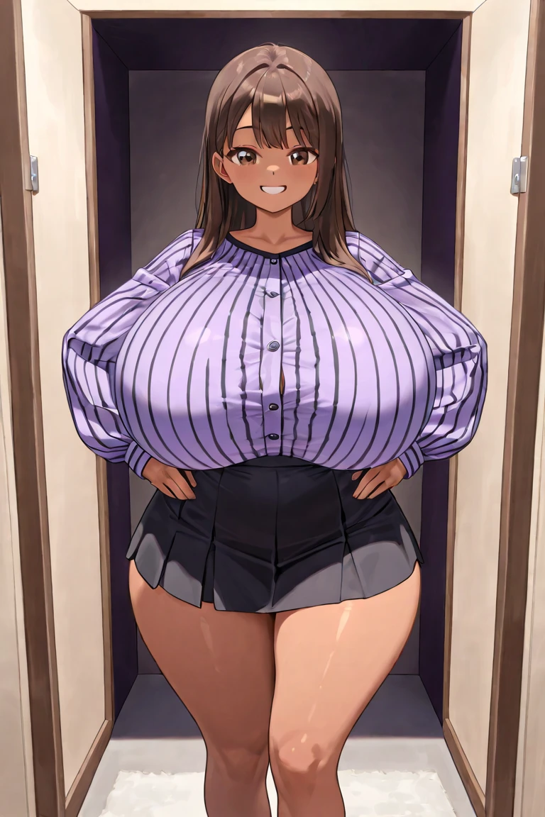 1girl, solo, large breasts, large thighs, dark brown hair, dark brown eyes, orange top, orange skirt, prison, orange thigh highs, standing