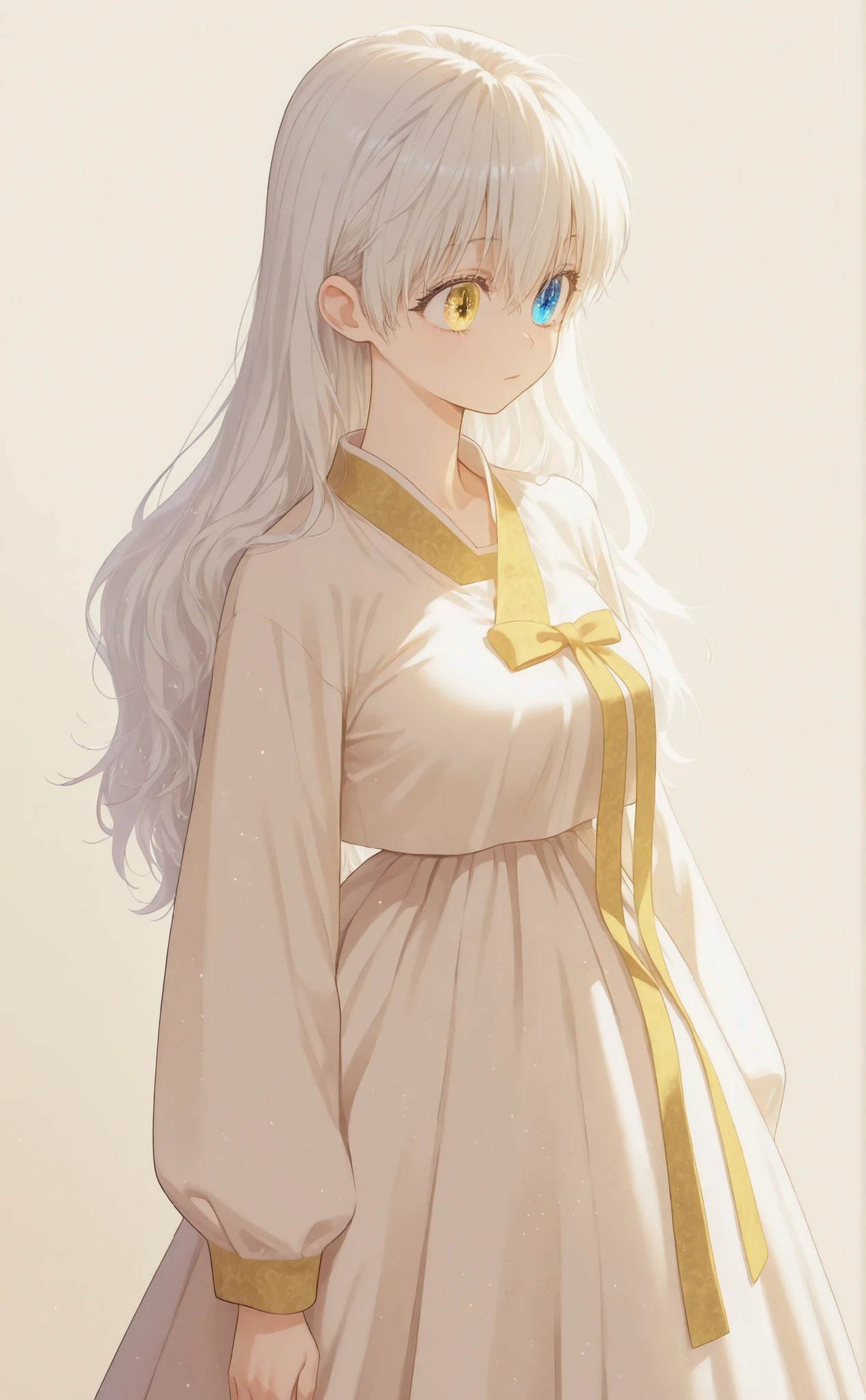 Masterpiece, newest, HD Quality, safe, good anatomy, good lighting, , good resolution, beautiful, anime. long white hair. heterochromia:Sky blue right eye and Golden Yellow left eye, glitter on the eyes, dark eyelashes, piel clara, slim build, Medium Breasts Size C. She is 18 years old, measures 1'66 cm. looking at the spectator, Alone, Simple Beige Background. Wearing traditional Hanbok.