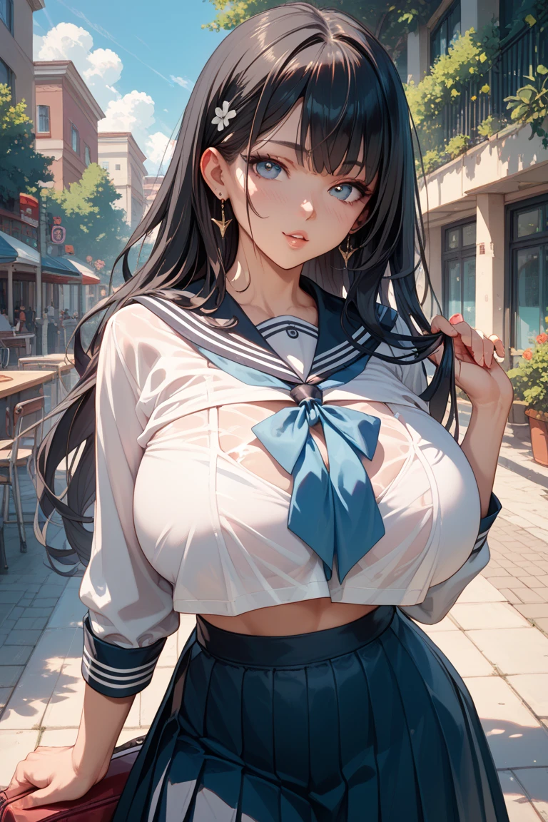 Highest quality、High resolution、Detailed Background、(Beautiful face in every detail:1.4)、Anatomically correct、Normal number of fingers、Highly detailed face、(Detailed eyes)、Teenage beauty、(Huge breasts:1.2)、Perfect body line、Light color hair、Braided bob cut、ponytail、cute hairstyle、well-groomed eyebrows、Shiny navy blue sailor suit、White sailor collar、Checkered pleated mini skirt、White Pantyhose、Accentuate your breasts、Accentuate your cleavage、Show your side、(underboob:1.3)、Cute gestures、A big smile、
(Close up of girl&#39;s underwear from below on train:1.5)、Panty Shot、cute