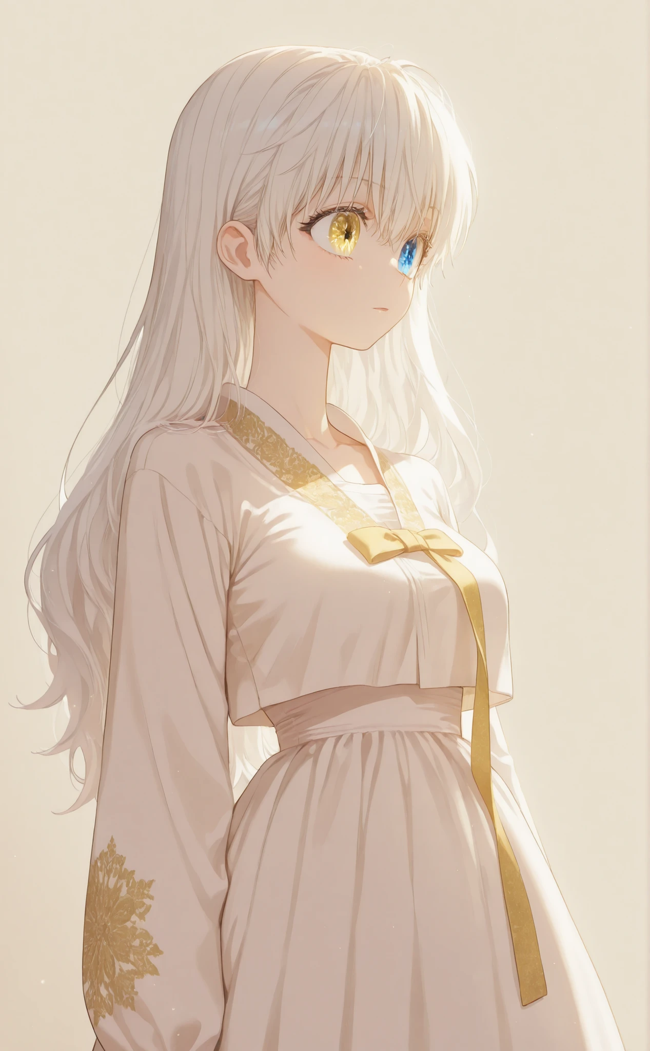 Masterpiece, newest, HD Quality, safe, good anatomy, good lighting, , good resolution, beautiful, anime. long white hair. heterochromia:Sky blue right eye and Golden Yellow left eye, glitter on the eyes, dark eyelashes, piel clara, slim build, Medium Breasts Size C. She is 18 years old, measures 1'66 cm. looking at the spectator, Alone, Simple Beige Background. Wearing traditional Hanbok.