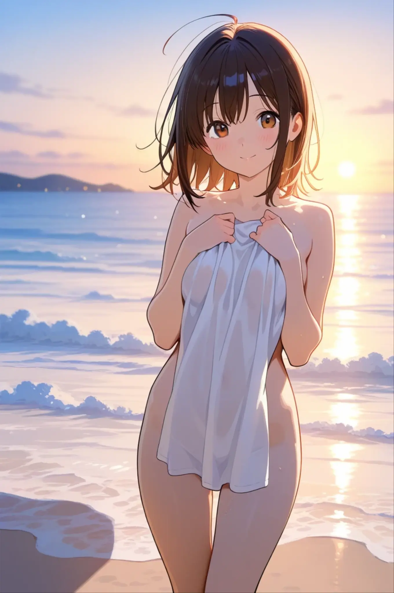 (masterpiece:2.0), (highest quality:2.0), (standing naked on the beach:1.5), (extremely small see-through thong microbikini:1.5), (super sexy pose:1.5), (look up from below:1.5), (perfectly exposed shoulders:1.5), (perfectly exposed nape:1.5), (blushing face:1.5), (cover your chest with your hands:1.5), (spilling boobs:1.5), (realistic:1.5), 1 very cute girl, precise small hands, You look embarrassed when you look at me, light smile, innocent face, young face, clear eyes, shining eyes, small breasts, side boob is visible, shoulder is visible, cleavage of the breast is visible, no pubic hair, dynamic posing, beautiful skins, ultra-definition, Top resolution, Japanese high school student, golden hair