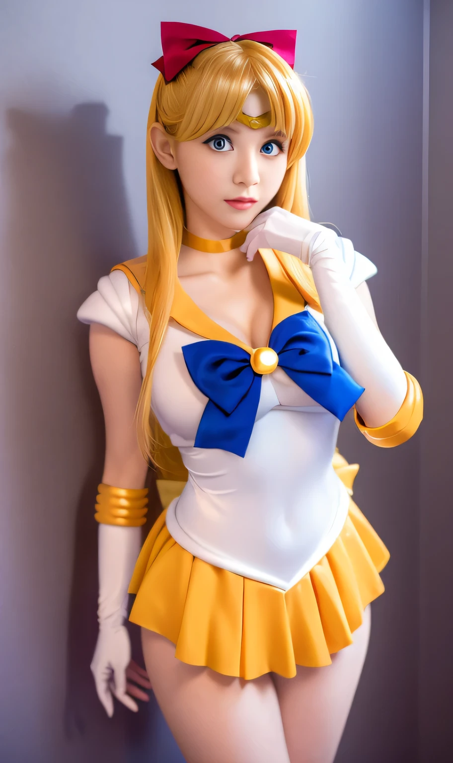 ((masterpiece:1.4)、(Highest quality:1.4)、(Realistic:1.7))、Masseter muscle area:1.4、Beautiful girl、(Sailor Moon:1.4)、tsukino usagi、Body Fit Sexy Sailor Warrior Uniform、(Latex Gloss)、(The jacket is a white sleeveless sailor suit.)、(The skirt is a sexy super miniskirt in blue.)、The collar of the sailor suit is blue.、There are two thin lines.、High leg swimsuit、Red cloth decoration on chest、(wearing white gloves)、pretty girl、Super Beauty、Sharp focus、Portrait Photography、Upper body photo shoot:1.4、Beautiful expression、Beautiful Eyes、Tight waist、(Yellow Hair:1.4)、(Hair length:1.2)、RAW Photos、Red lips、Red High Heels:1.4、choker:1.4、necklace:1.4、耳Nipple Ring:1.4、A gorgeous golden tiara on her forehead:1.4、1 Screen Display、Outdoor Scenery