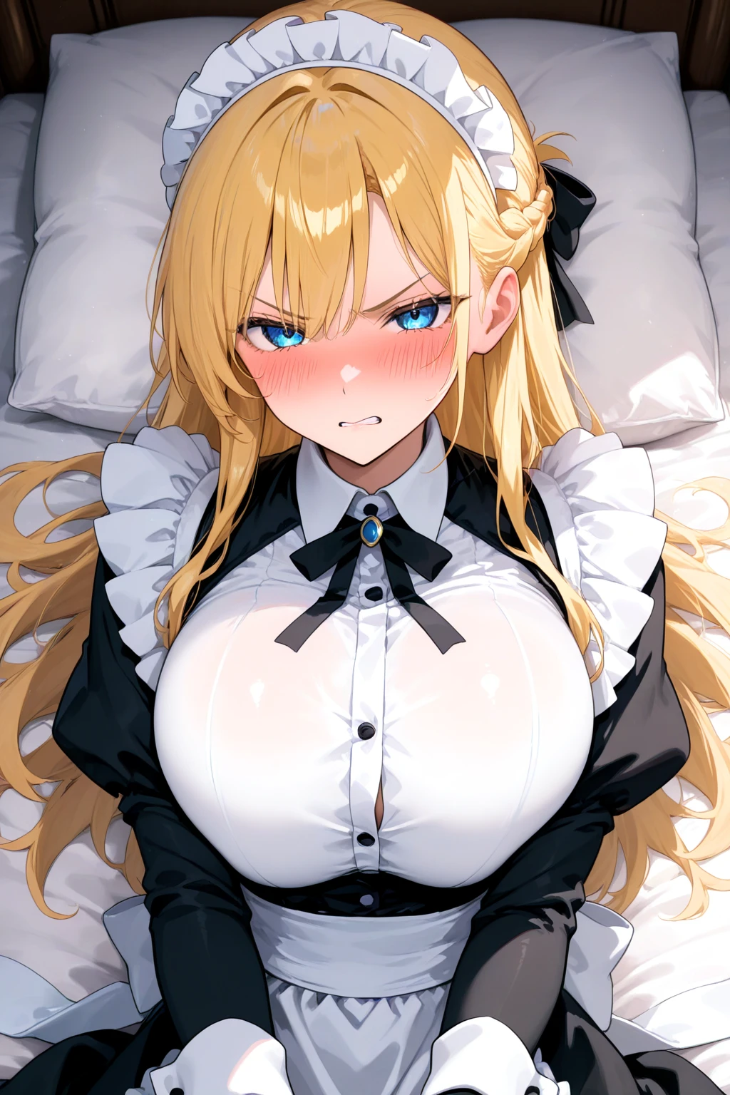 beautiful girl、perfect body、beautiful ample breasts、long blonde hair、((maid))、spread your legs wide、Looks embarrassed、((Lying、Show your、after sex、Covered in semen))