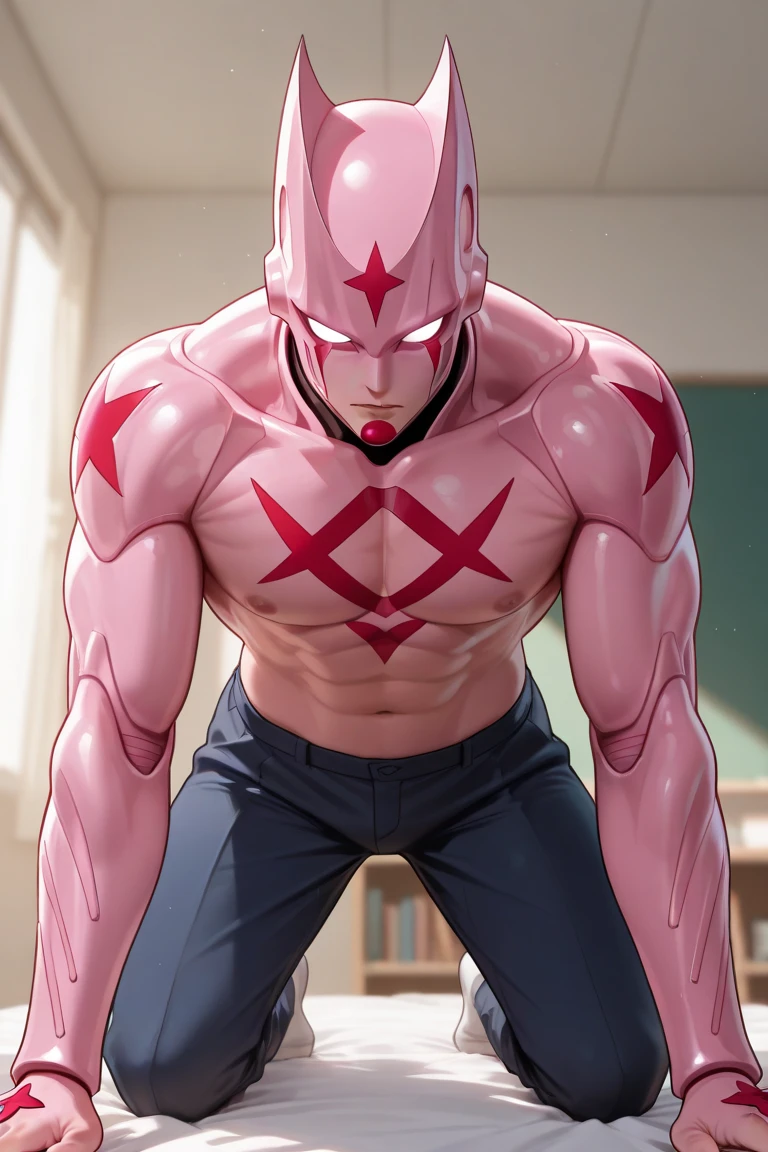 score_9, score_8_up, score_7_up, score_6_up, rating explicit, focus male, source anime, 1boy, man, squat, EPalicebodysuit, wearing EPalicebodysuit, pink bodysuit, shrug \(clothing\), breast pocket, elbow strap, shoulder strap, multicolored gloves, sleeves past wrists, mask, sexy pose, (SuperQuality:1.0) ~ (SuperQuality:1.2)