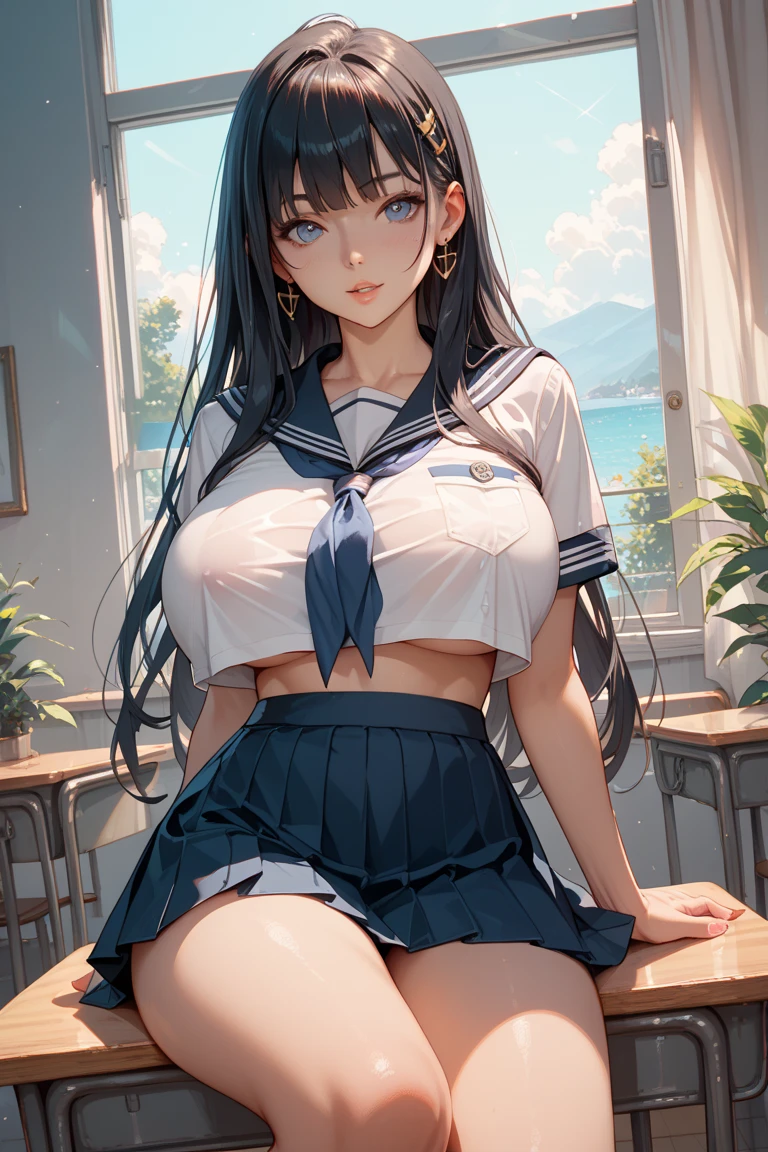 (extremely detailed CG:1.2), (masterpiece:1.2), (best quality:1.2), looking at viewer, full unclothed body, (1girl), solo, long hair blowing in wind, (mathayom uniform), (white shirt short sleeves), (navy_blue pleated skirt), dynamic angle, standing on desk, Nude topless shirt open, breasts fully exposed. Wind blowing,