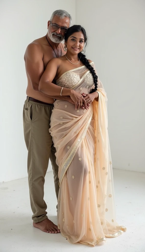 Close up shot, A radiant South Indian, chiffon white colour chiffon saree wearing plus sized girl ,with her curvaceous figure , hugging and kissing on the lips of a jubilant 60 year old  joyous embrace in a bedroom, captured in a full body image with vibrant colors and intricate details. Full body image