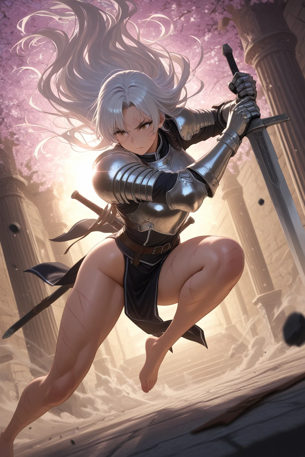 Action Scenes、A world of swords and magic、Ugly monsters attack、((醜いモンスターと剣で戦闘中のfemale knight,Leap and slash)),1 female,The perfect 25 years old,((ideal ratio body proportions,small head:1.7)),(tank skin),((high quality anime, 8k,masterpiece,Perfect Anatomy)),(beautiful detailed face and eyes,gorgeous eye:1.3,Almond Eyes),female knight、full body,(silver hair),Straight long hair,bangs,blush,medium breasts,slender body,skinny,Sexy Bikini Armor、Jump、Stone ruins、