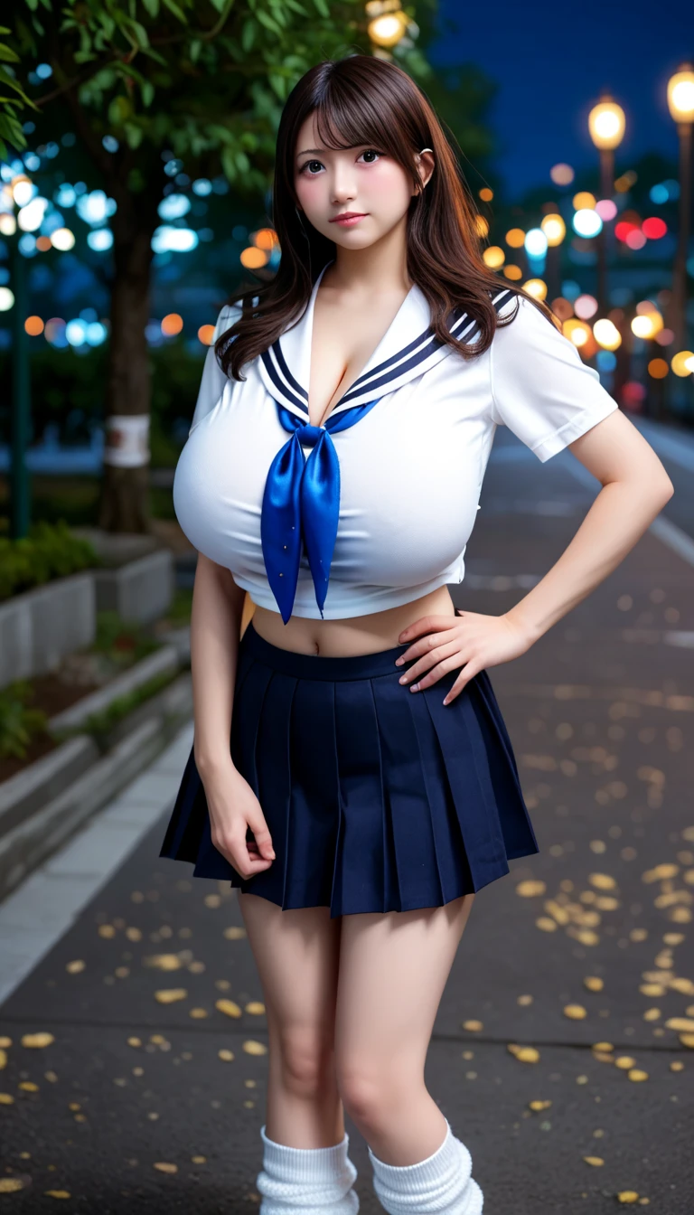 (8K, RAW photo, highest quality, masterpiece, realistic, detailed face, fine skin, Warm color temperature, high angle shot, center view, looking at the viewer:1.2), (full body shot, Front view, straight:1.5), (alone:1.5), 1 girl, (Ople:1.5), beautiful japanese girl, wear (Sailor Moon costume:1.3), (elbow bag, heart brooch, Magical girl, pink ribbon, pink choker, Pink sailor color, pink pleated micro skirt:1.2), tight top, No bra, Standing facing forward, (huge breasts:1.3), (low length:1.3), Height: 140cm, slim, (Short arms and legs:1.2), brown hair, (short hair, bob:1.3), amount, Dull color, earrings, in the street, (night:1.2), smile