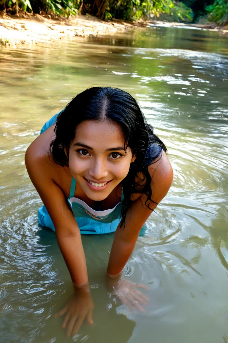 Faces are displayed clearly, creating an intense and focused atmosphere, realistic, detailed, HDR, UHD. A young woman with an exotic face of Indo-Arab crossbreed, black short hair, black eyes, plump body, black skinny, her body and cheeks are dirty with mud splashes, full body, bird's eyes view shot, wearing a white tank top tied with dirty mud splashes, torn jeans shorts, red sneakers. Squatting behind the woman was a smiling Indo-European woman hugging her. The background is a forest full of bushes.