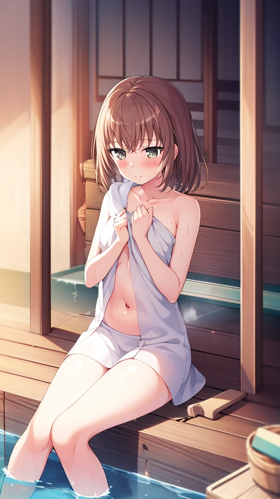 1girl, solo, brown eyes, straight hair, sidelocks, medium hair, closed mouth, sitting, (steam), sauna, medium breasts, relax, sweat, fur-trimmed towel, ((naked towel)), crossed arms, <lora:tenma_kiruko-Lion-V1-000015:1>