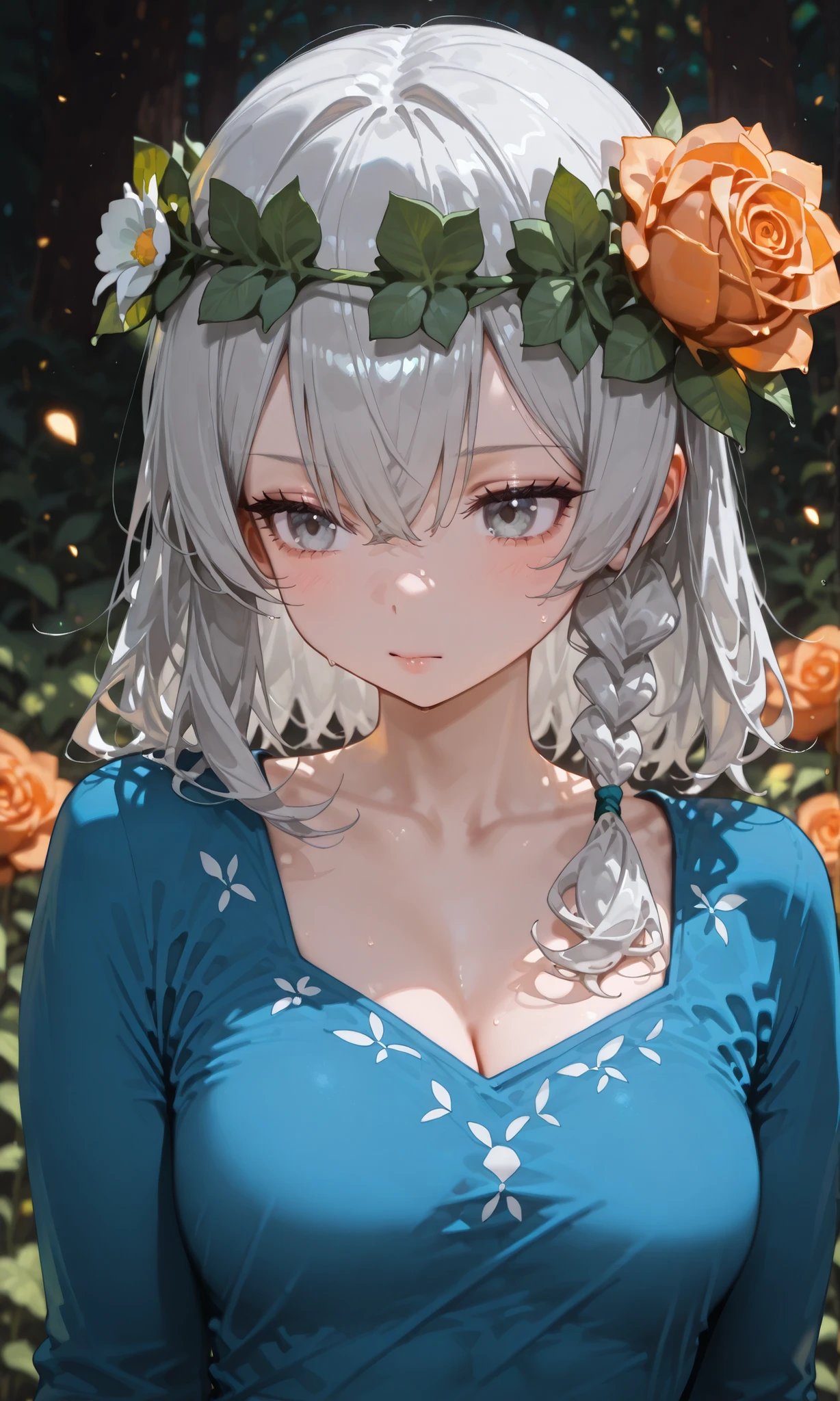 Solo, girl, grey eyes, grey hair, single braided, blue shirt, small daisy flower crown, single hair flower, one orange rose attached to the hair