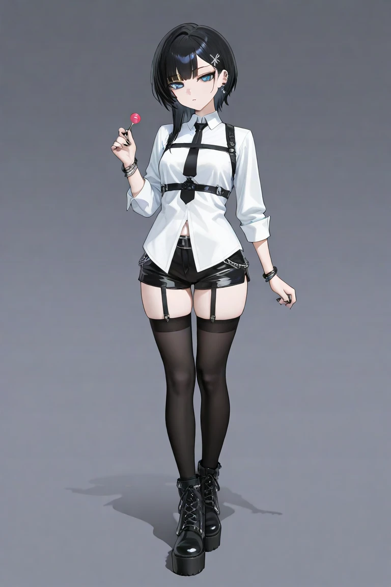 low length　Young Girl　Short hair with one eye covered　Slanted Eyes　black tights　whole body　Inner color red　front　Character portrait　Are standing　child　Young　Shorts　High heels　Belly button　White clothes　infant　9 years old